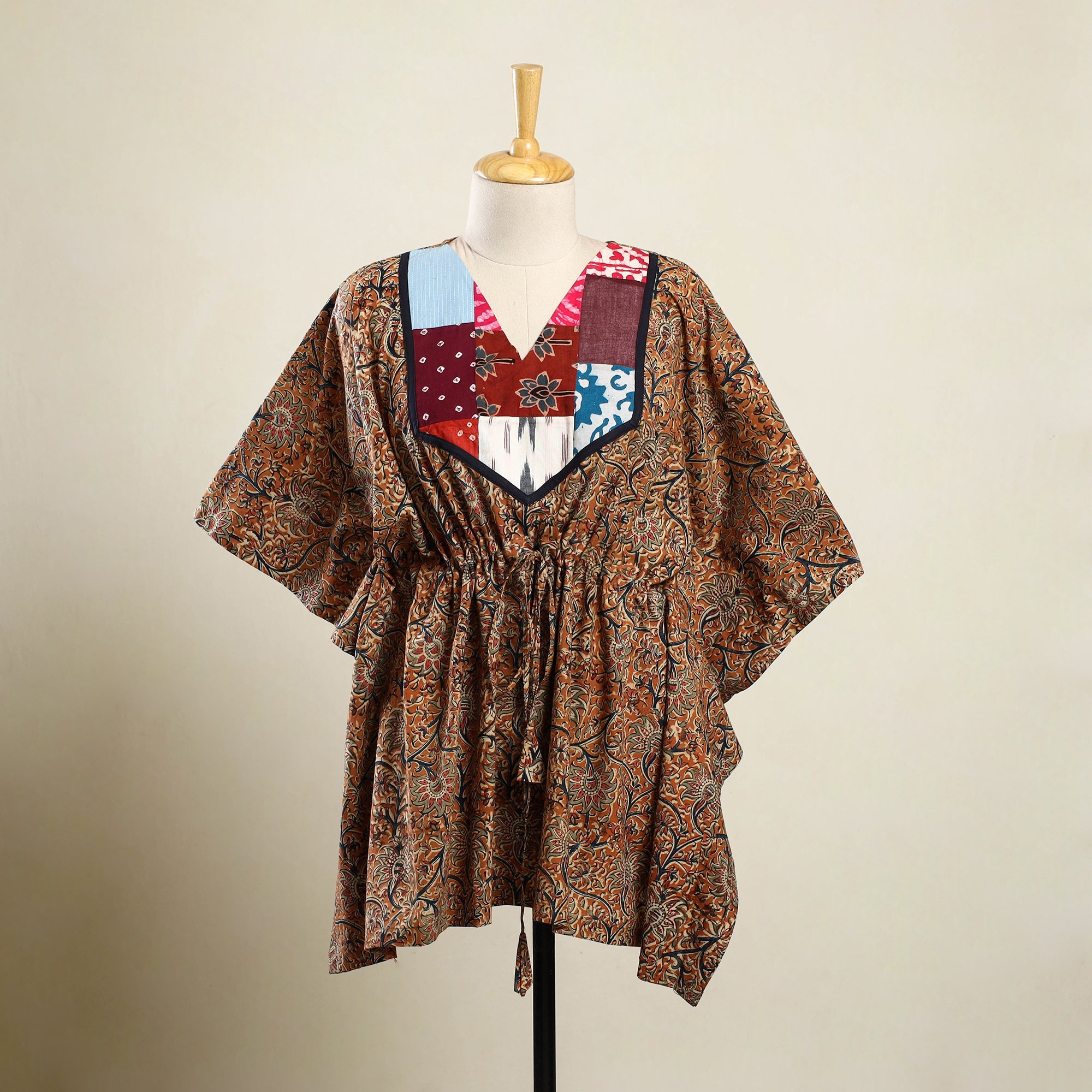 Buy Orange Kalamkari Block Print Patchwork Cotton Kaftan