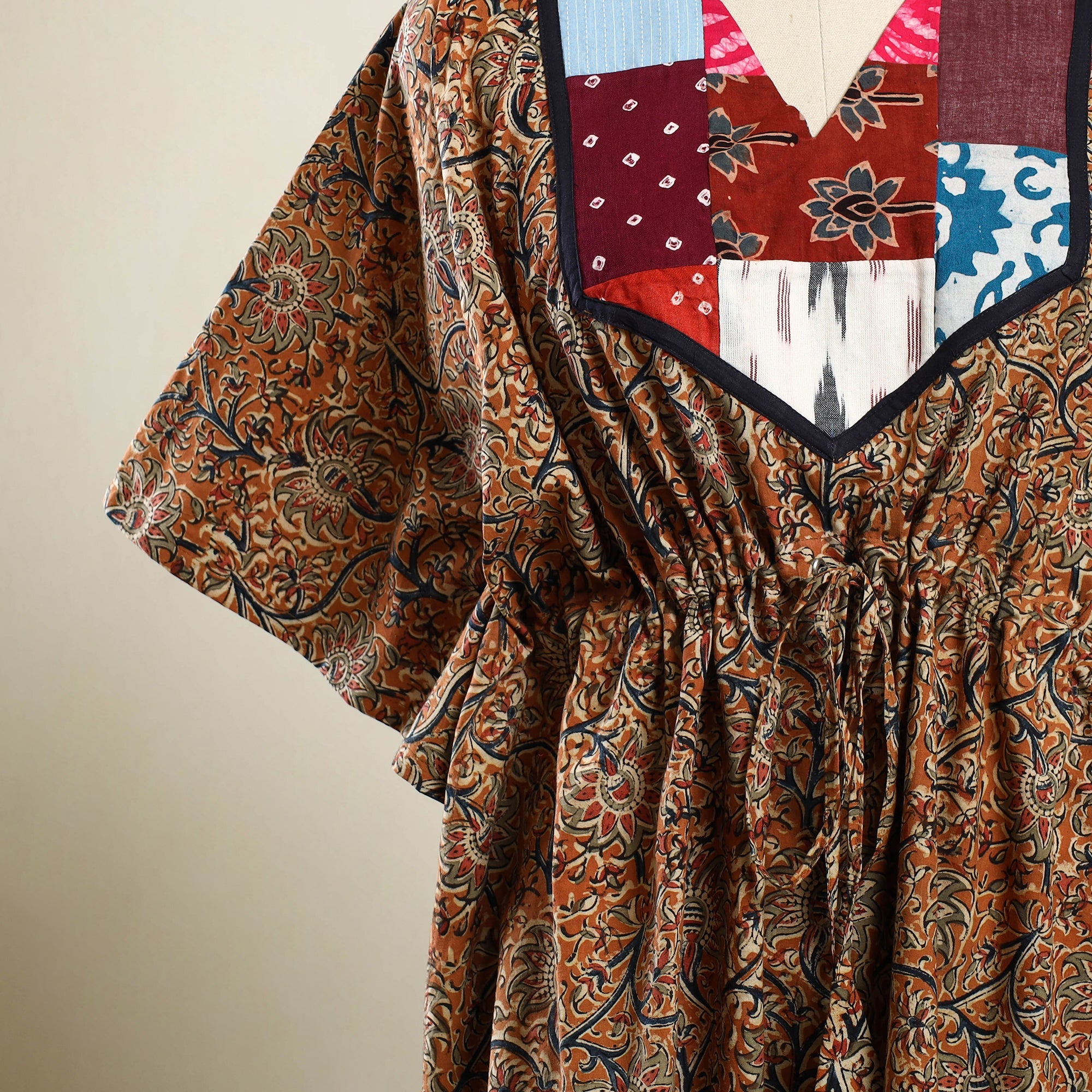 Buy Orange Kalamkari Block Print Patchwork Cotton Kaftan