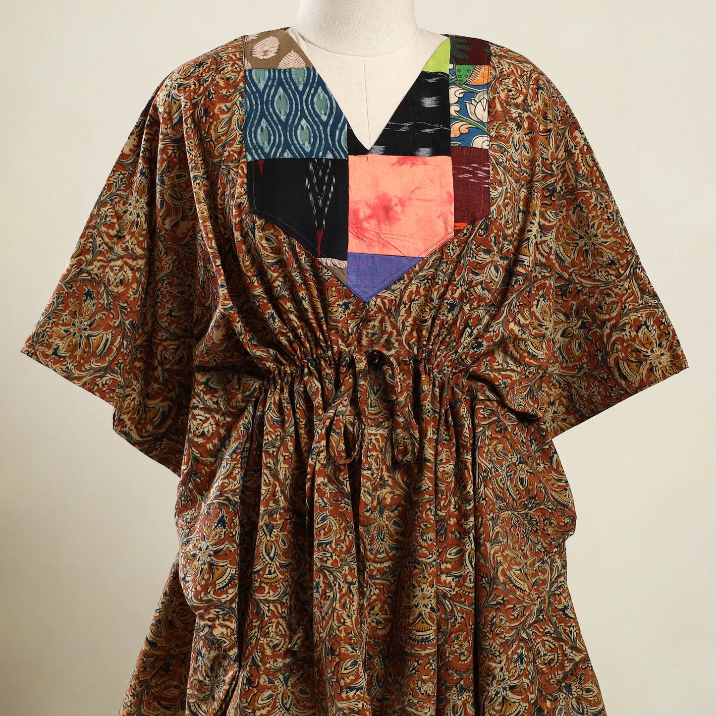 Buy Orange Kalamkari Block Print Patchwork Cotton Kaftan 