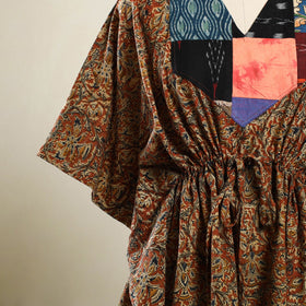 Buy Orange Kalamkari Block Print Patchwork Cotton Kaftan 