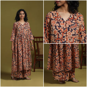 Orange - kalamkari printed cotton 2pc kurta set for women