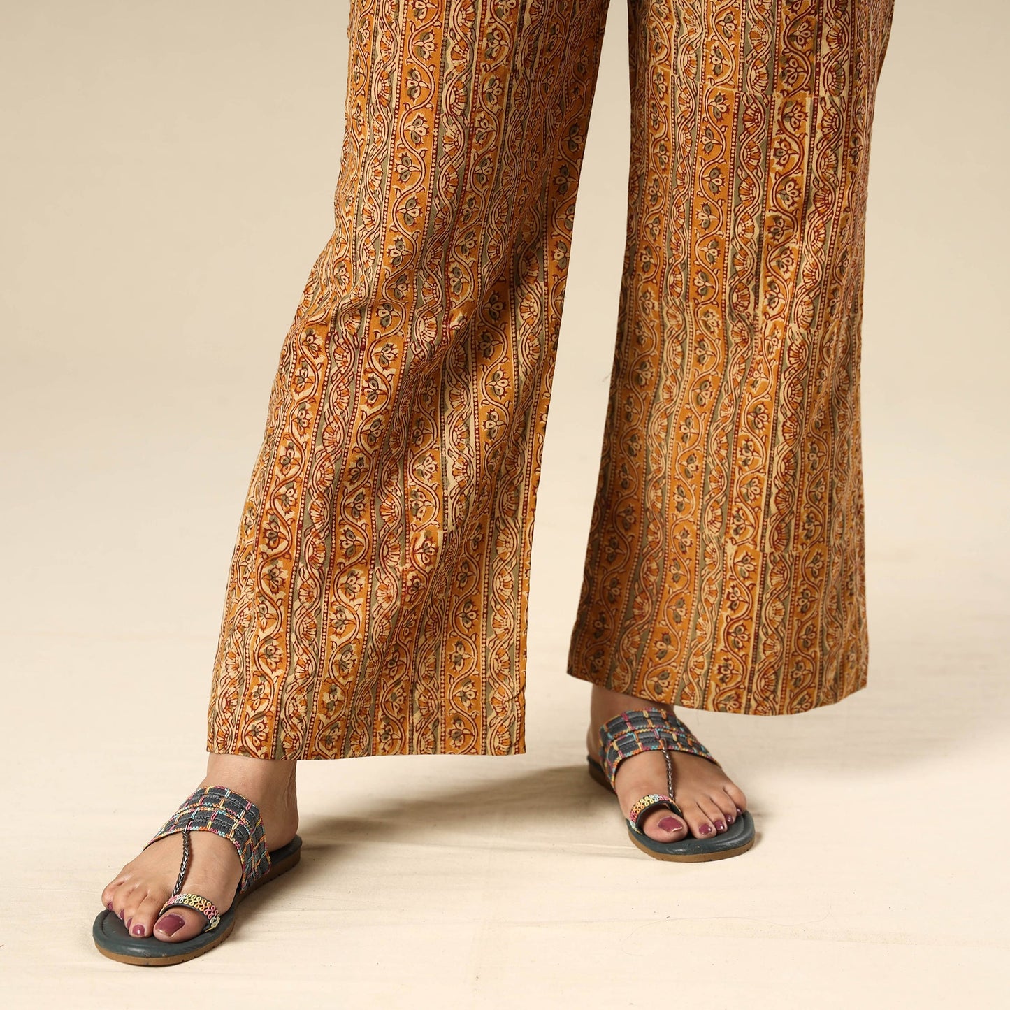 Orange - Kalamkari Block Printed Cotton Elasticated Palazzo