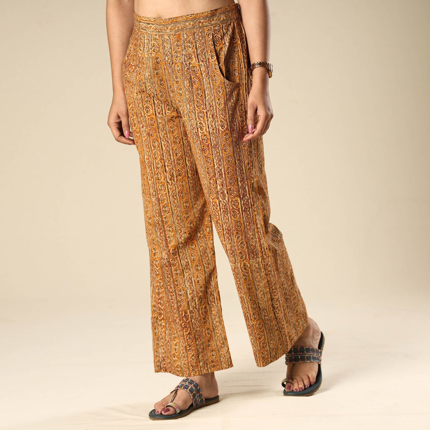 Orange - Kalamkari Block Printed Cotton Elasticated Palazzo