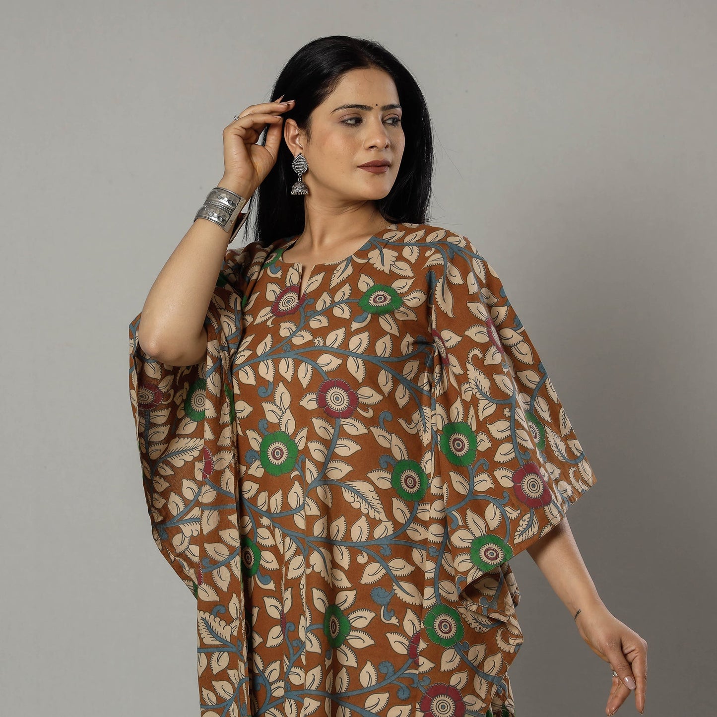 Cornflower Blue Kalamkari Print Cotton Kaftan Kurta For Women
