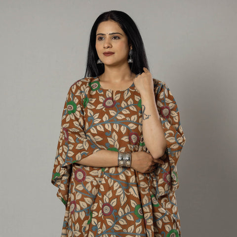 Cornflower Blue Kalamkari Print Cotton Kaftan Kurta For Women