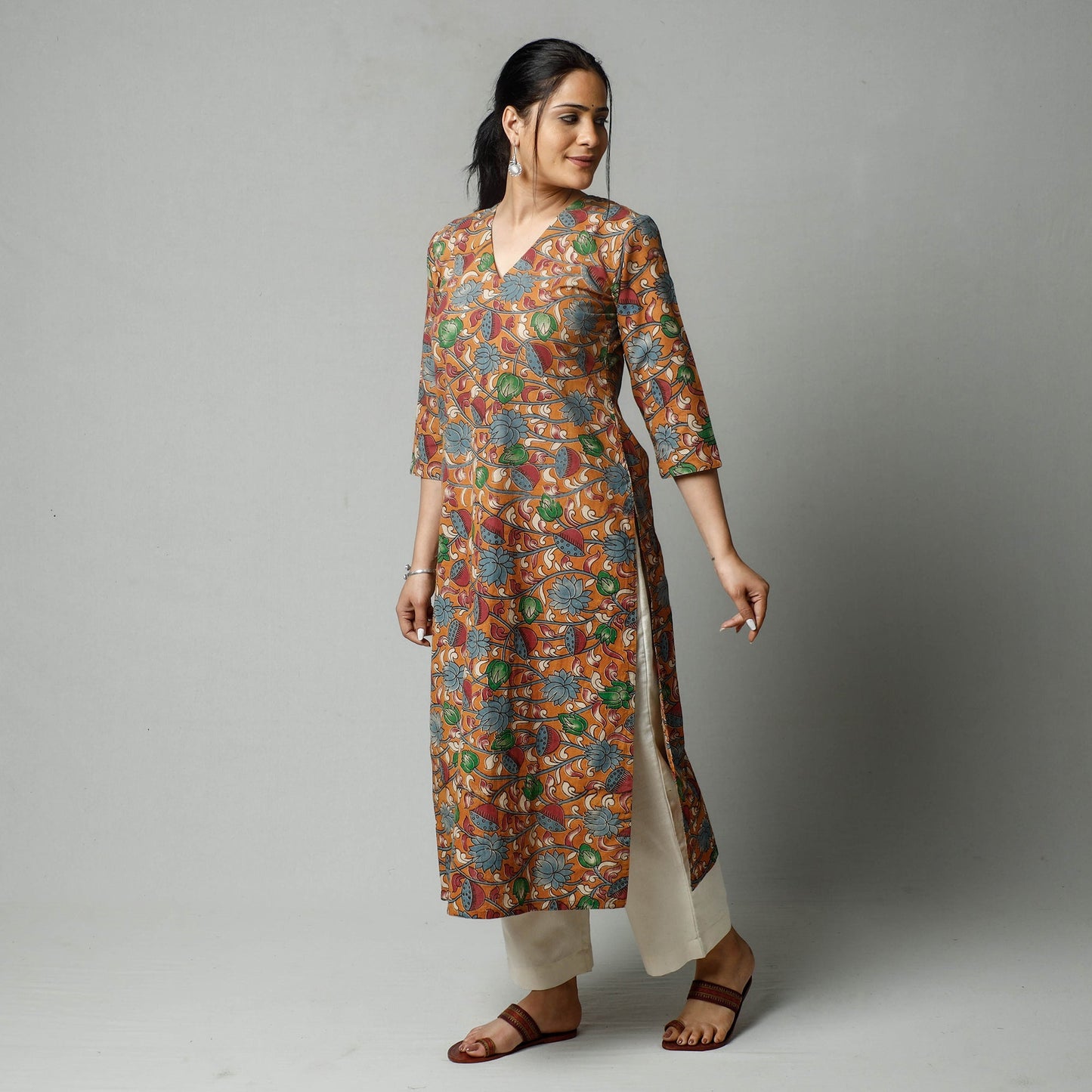 Orange - Kalamkari Printed Cotton Kurta