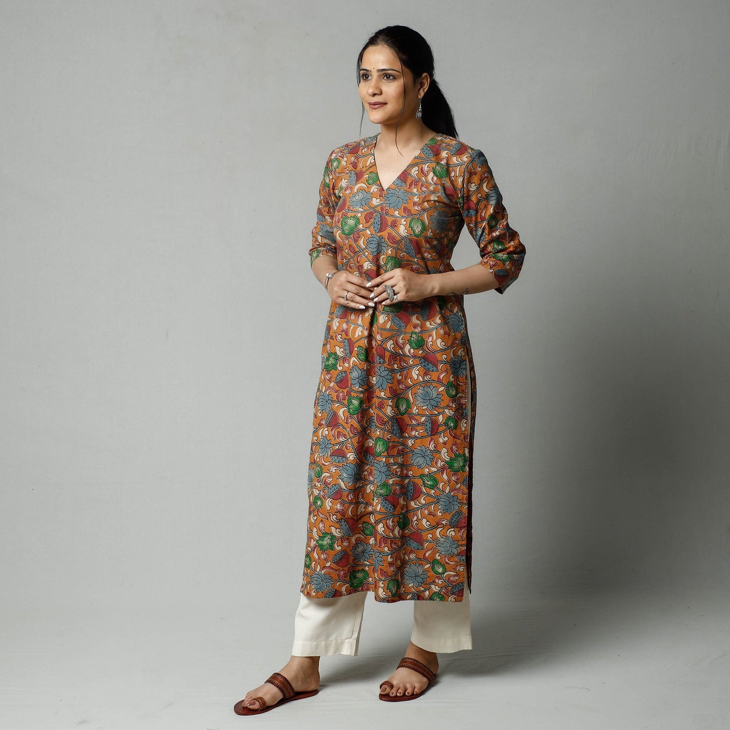 Orange - Kalamkari Printed Cotton Kurta