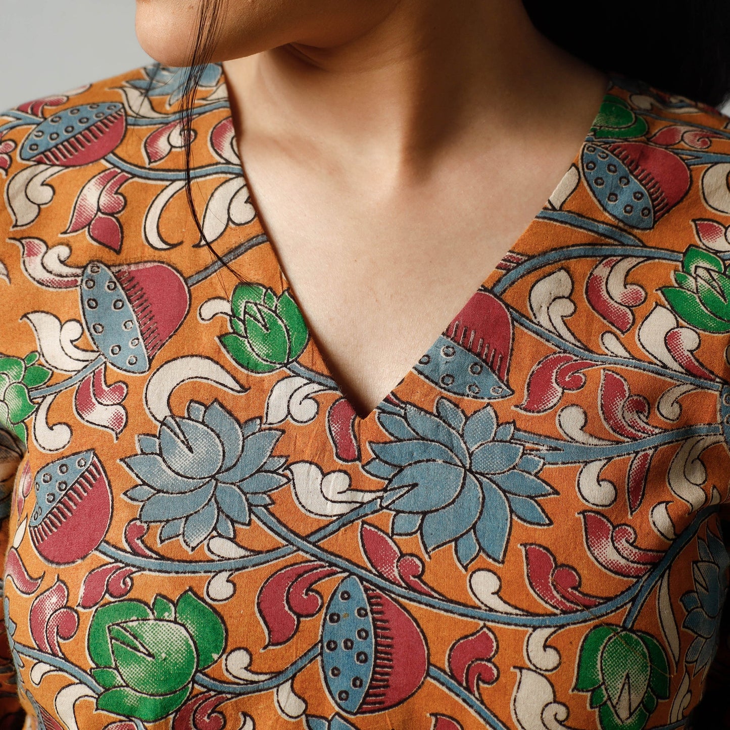 Orange - Kalamkari Printed Cotton Kurta