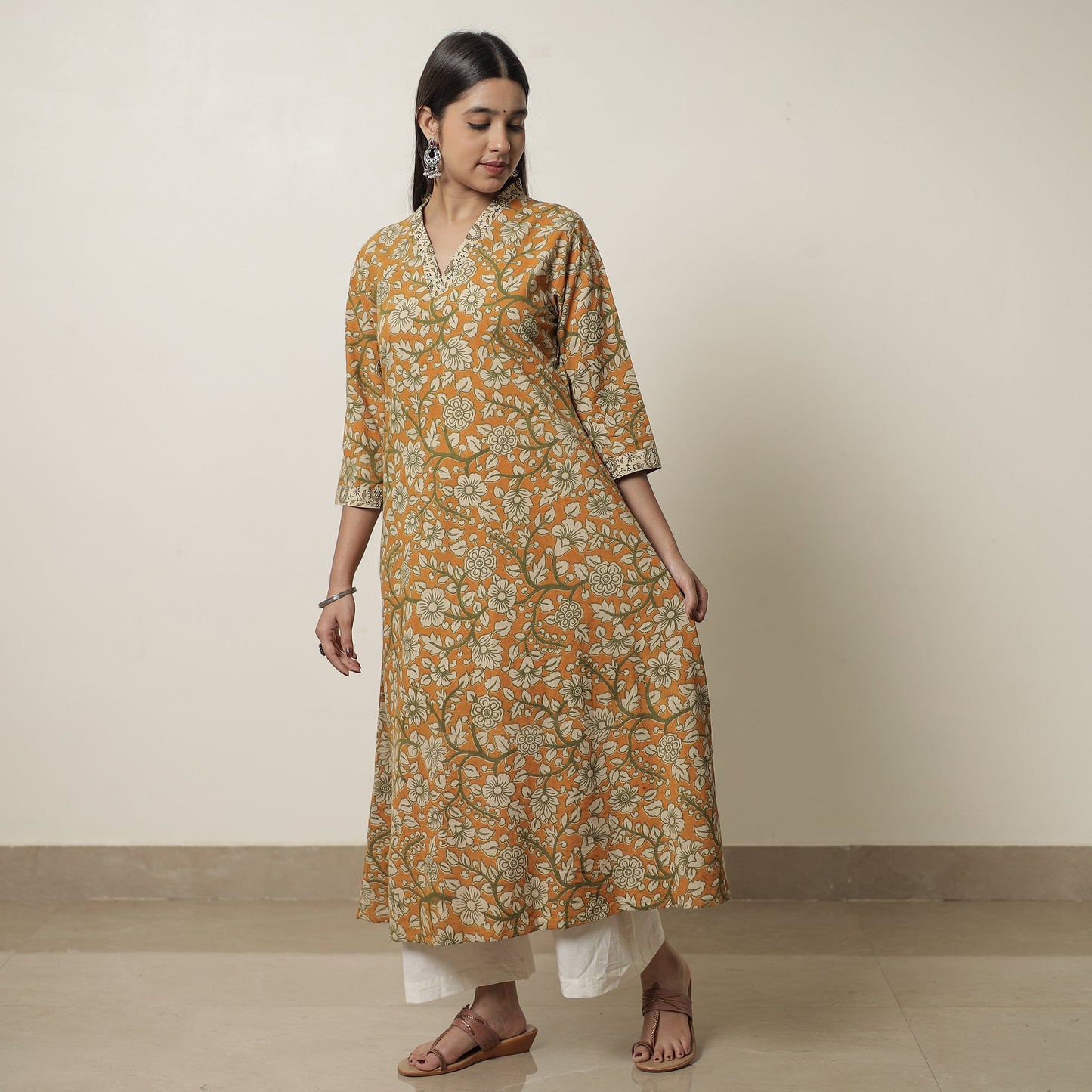  Kalamkari Printed Cotton A-Line Kurta For Women