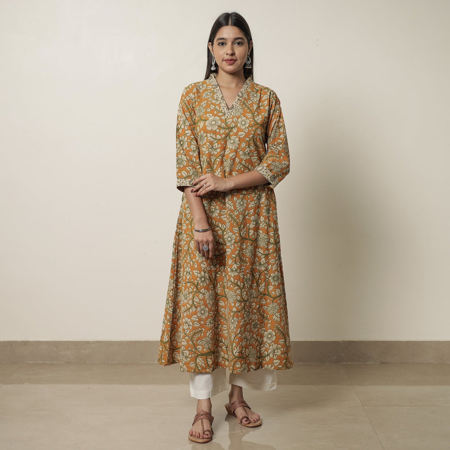  Kalamkari Printed Cotton A-Line Kurta For Women