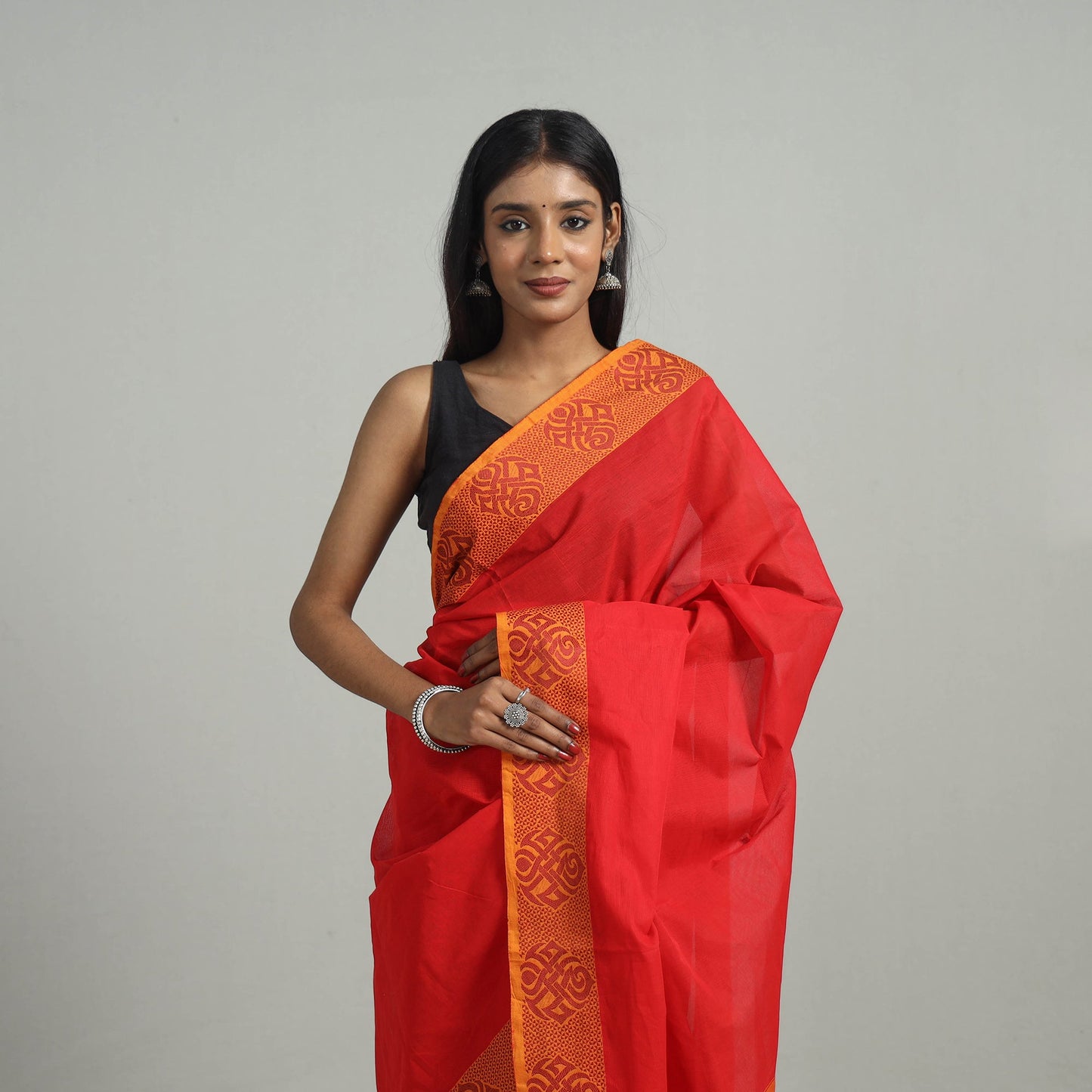 Orange - kanchipuram cotton saree with thread border 04