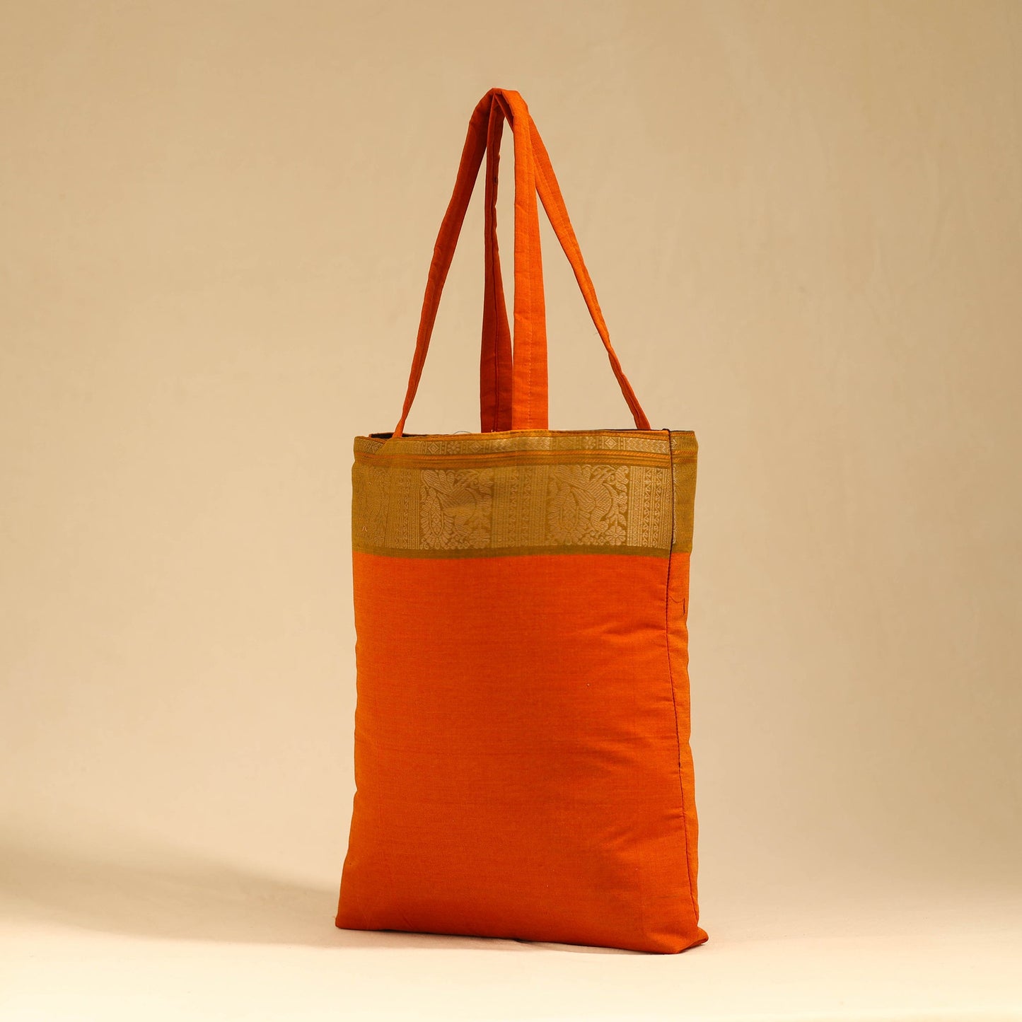 Orange - kanchipuram cotton tote bag 01 - handcrafted