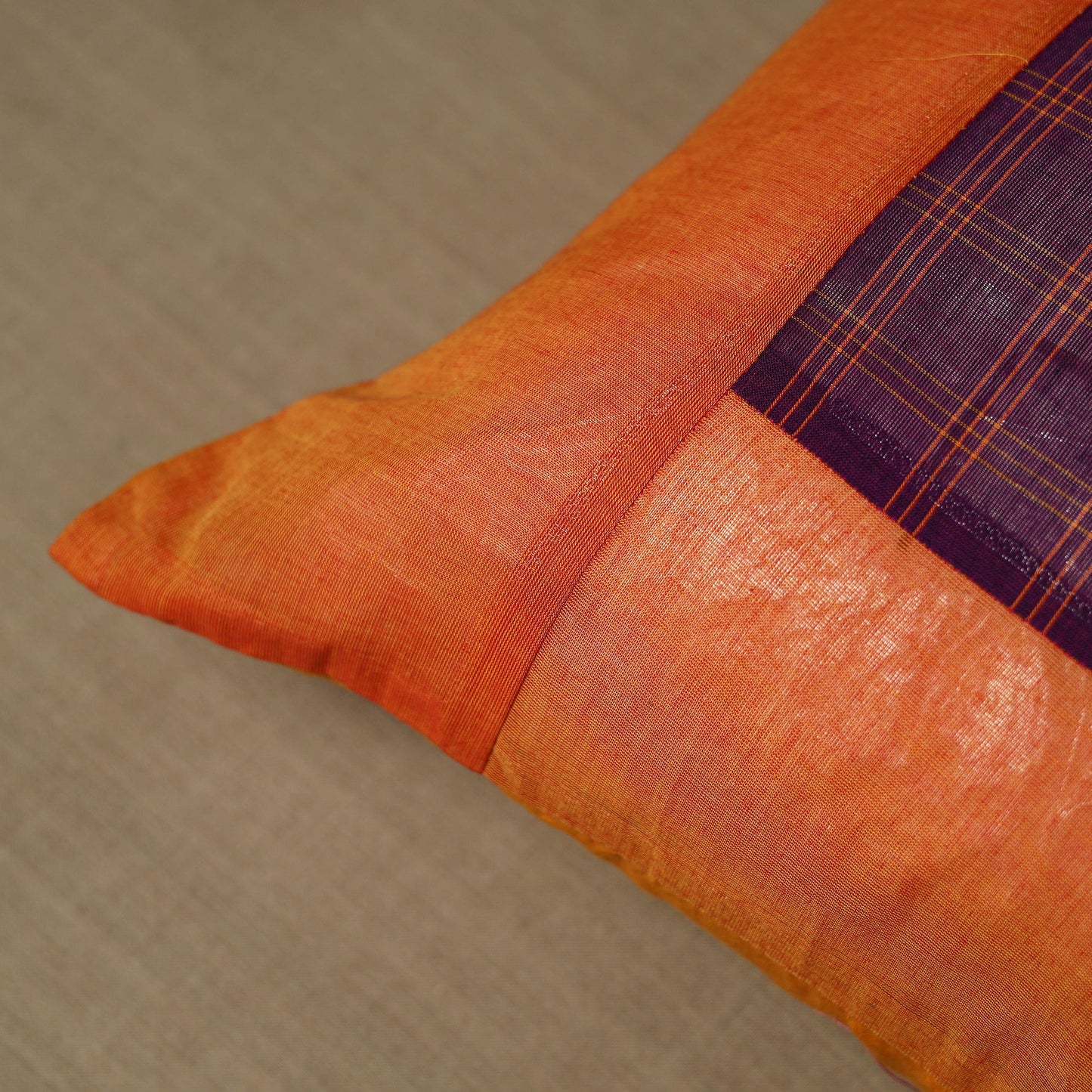 Orange - Kanchipuram Patchwork Cotton Cushion Cover 15