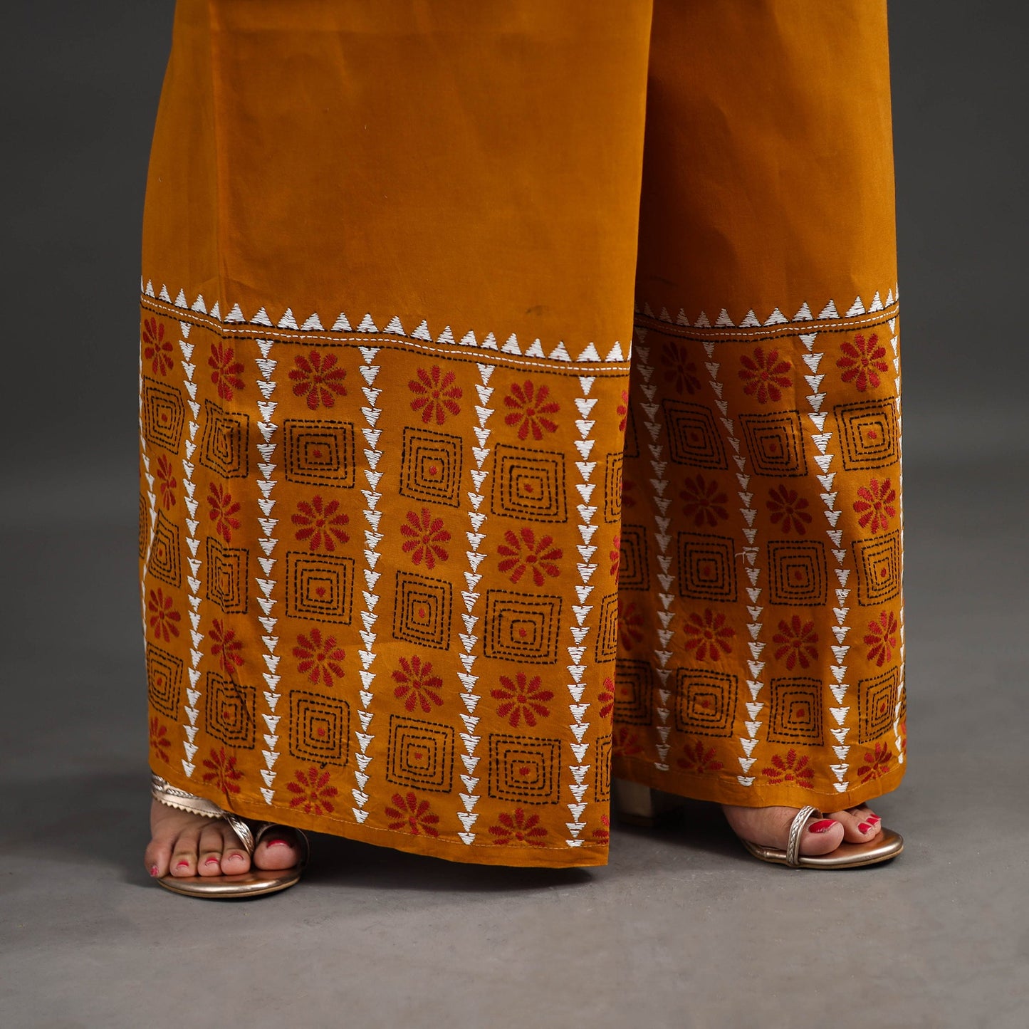 Buy Orange Kantha Hand Embroidery Palazzo in Cotton
