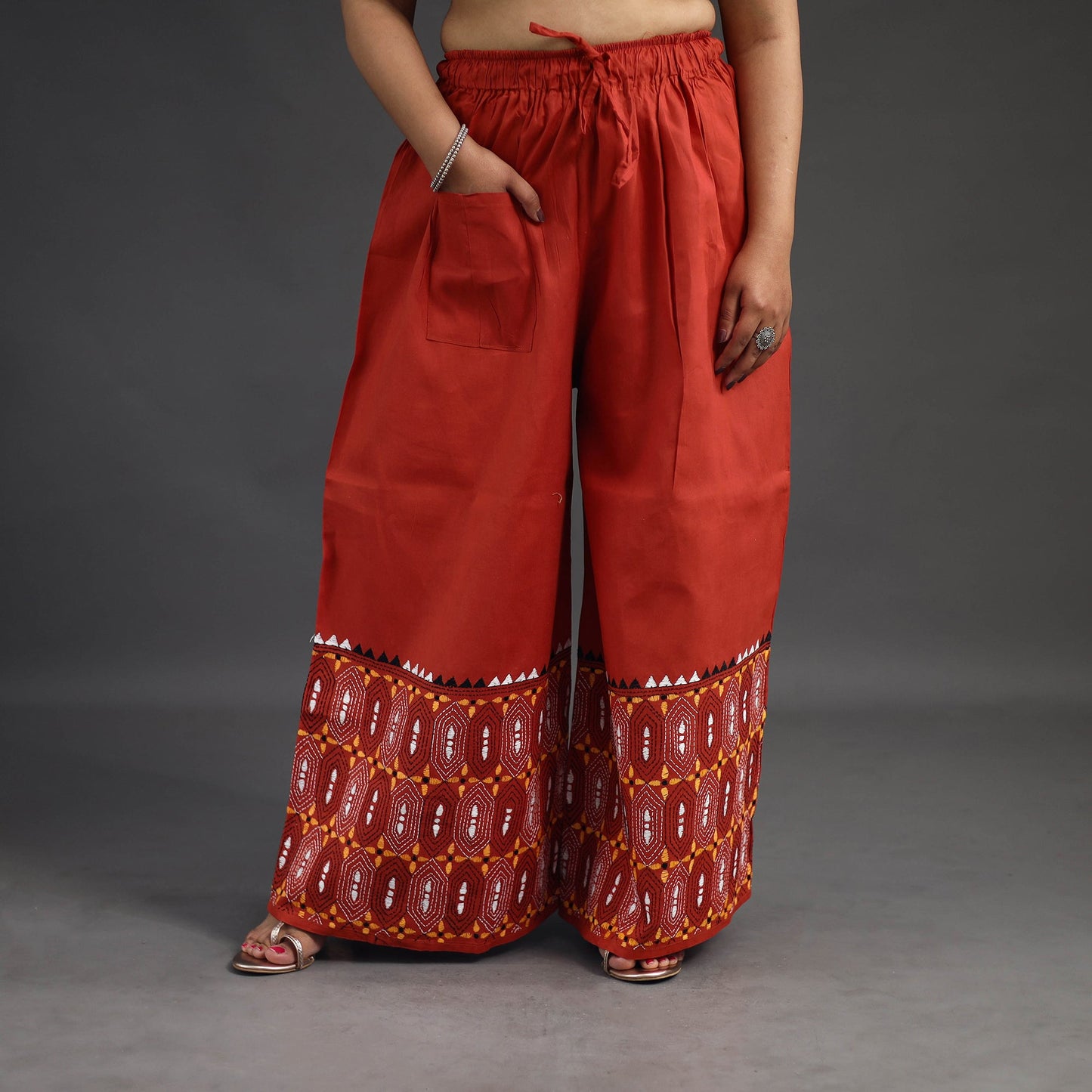  Orange Kantha Hand Embroidery Palazzo in Cotton