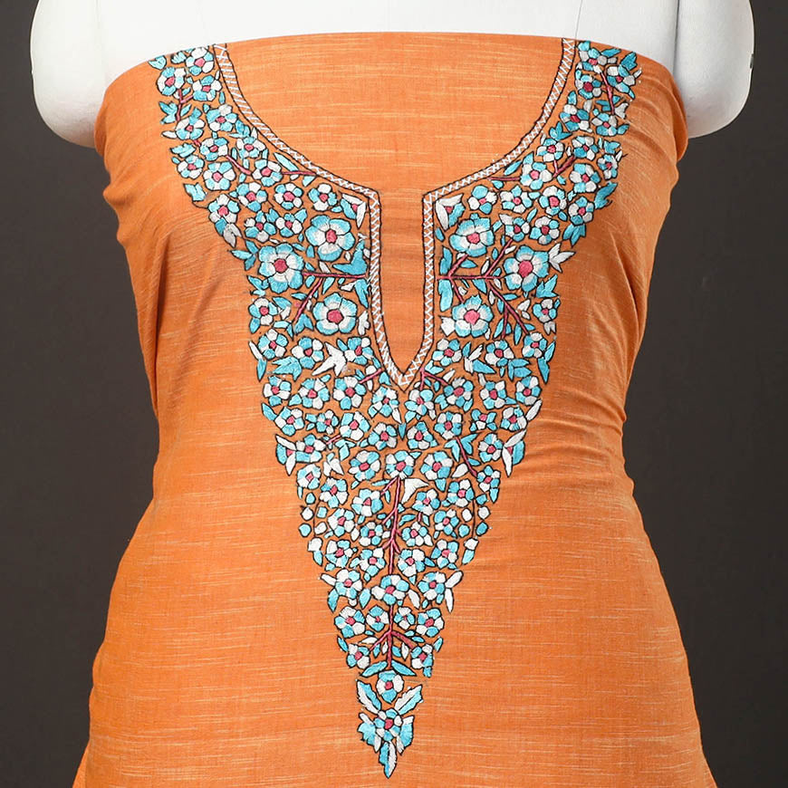 Orange - kashida hand embroidery cotton unstitched kurta