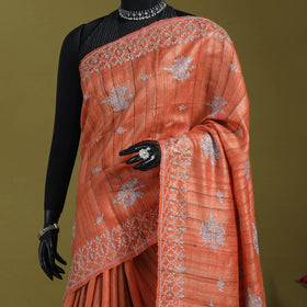 Orange - kashidakari hand embroidery ghicha tussar silk