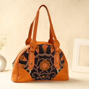 Orange Kashmiri Crewel Hand Embroidered Leather Handbag