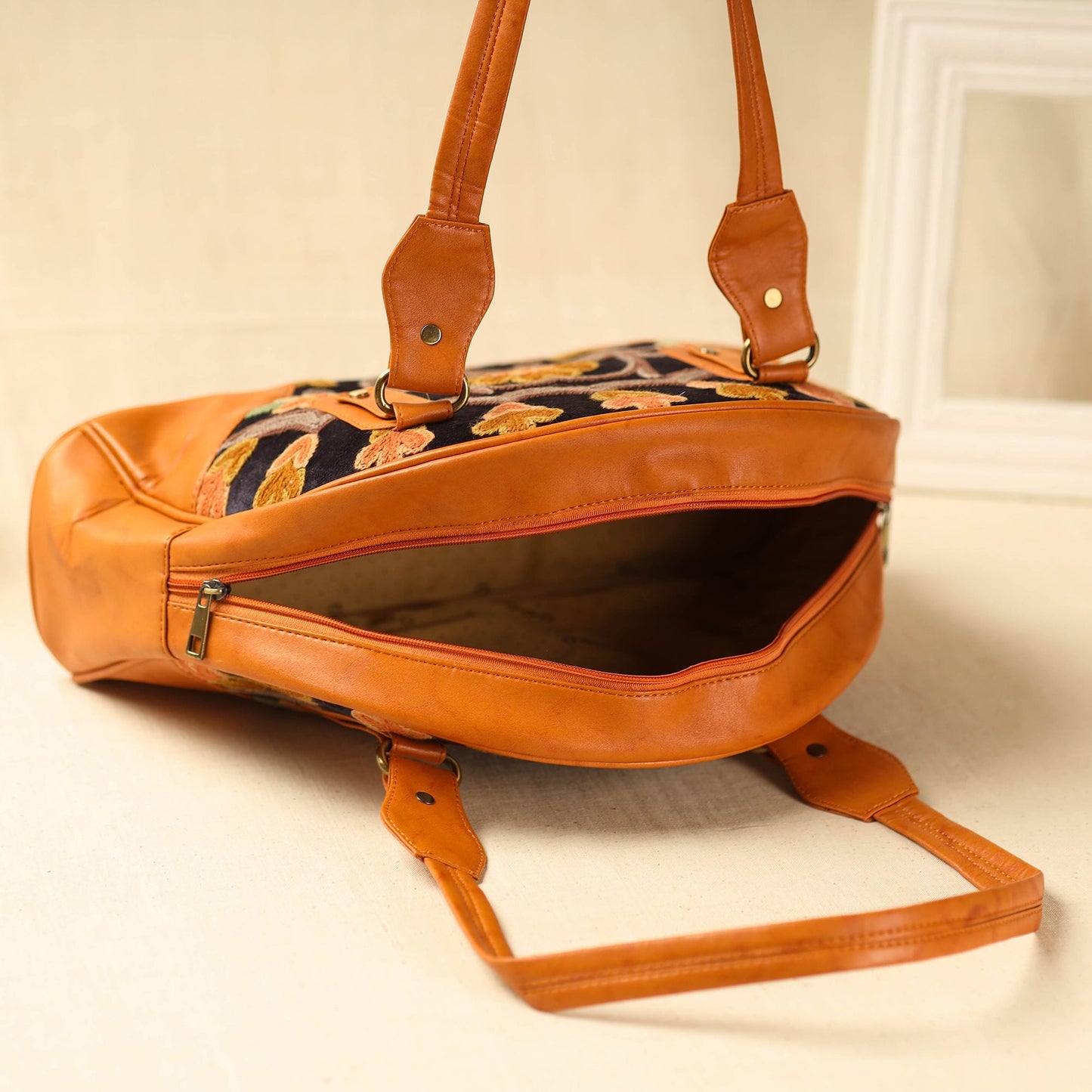 Orange Kashmiri Crewel Hand Embroidered Leather Handbag