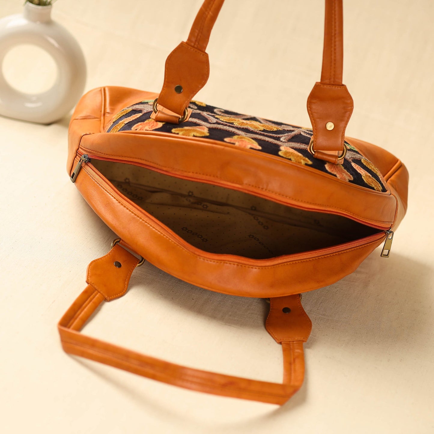 Orange Kashmiri Crewel Hand Embroidered Leather Handbag