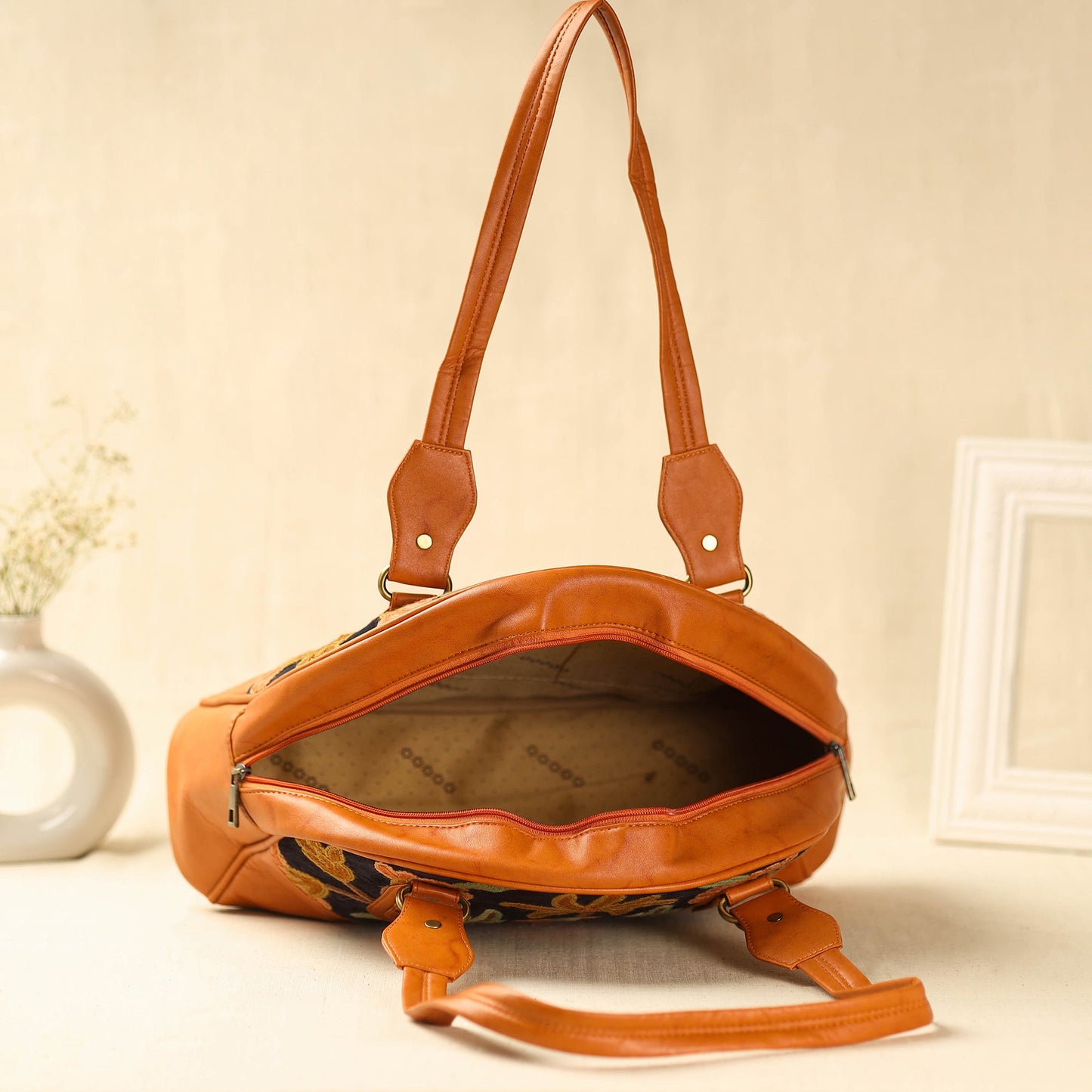  Orange Kashmiri Crewel Hand Embroidered Leather Handbag 