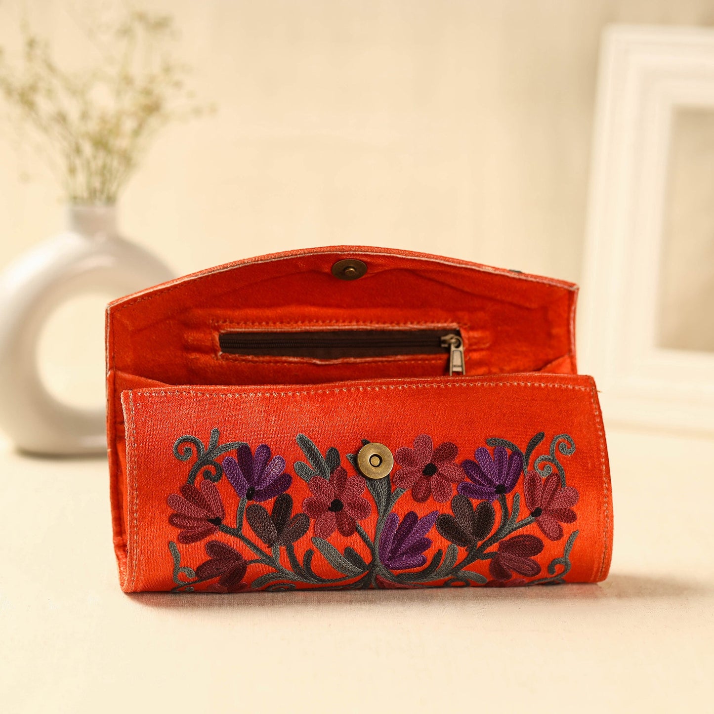  Orange Kashmiri Crewel Hand Embroidery Velvet Clutch