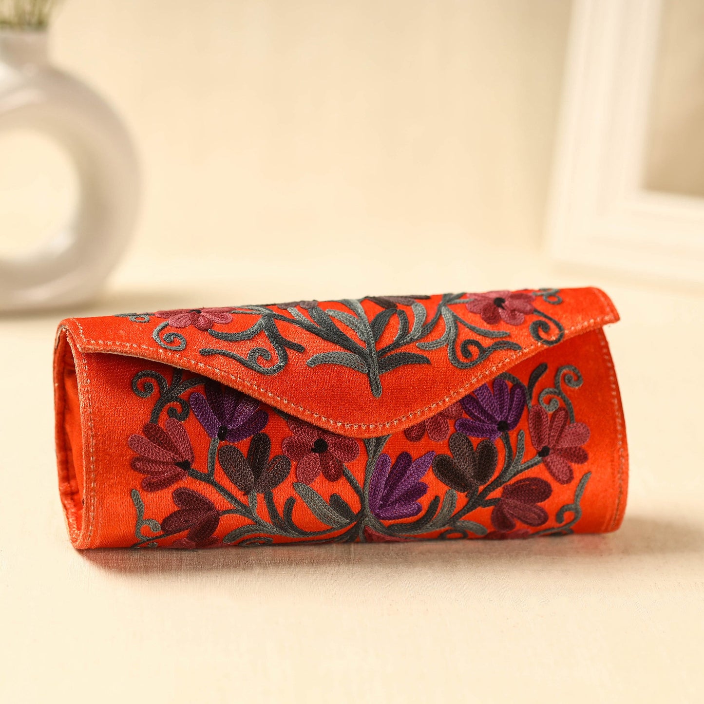  Orange Kashmiri Crewel Hand Embroidery Velvet Clutch