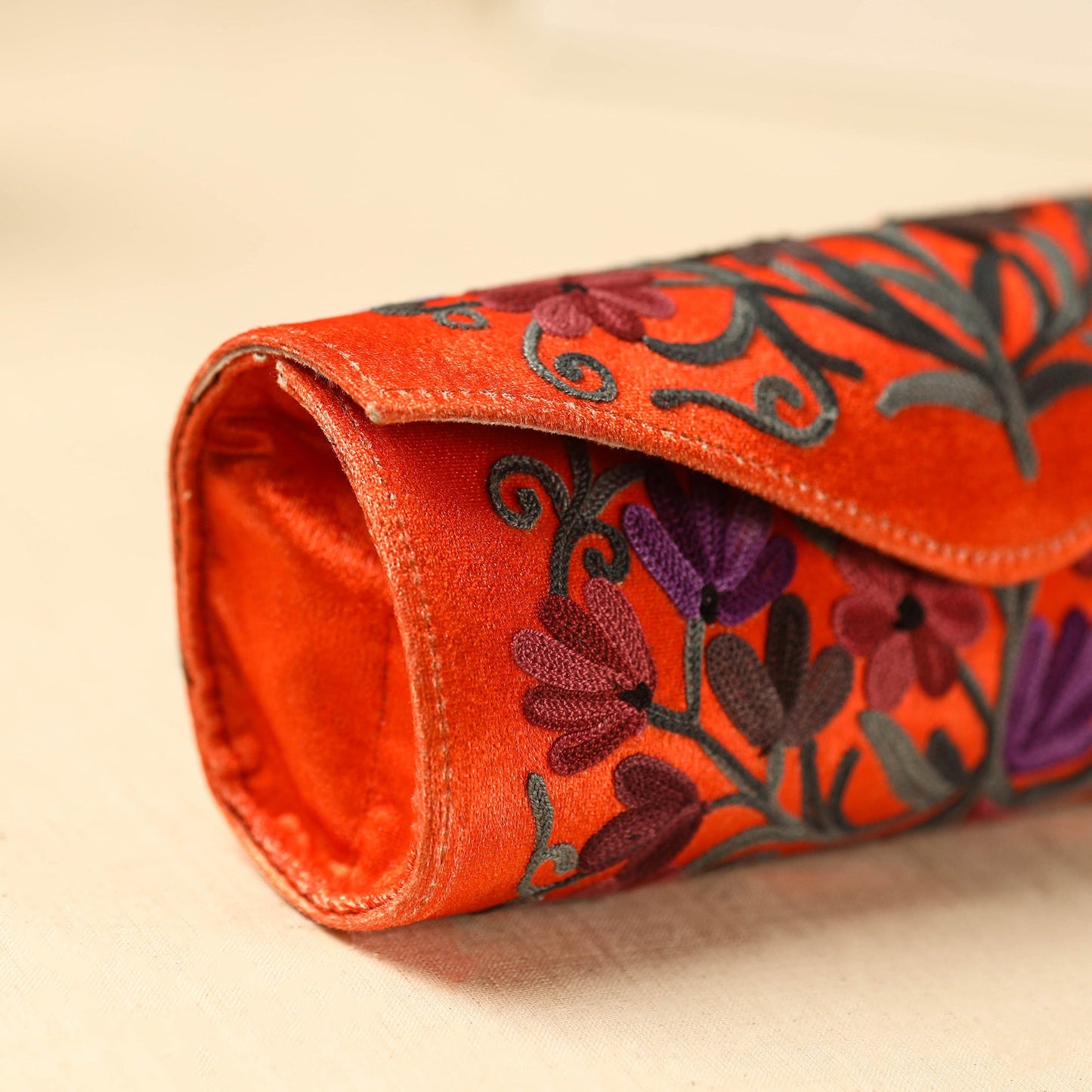  Orange Kashmiri Crewel Hand Embroidery Velvet Clutch