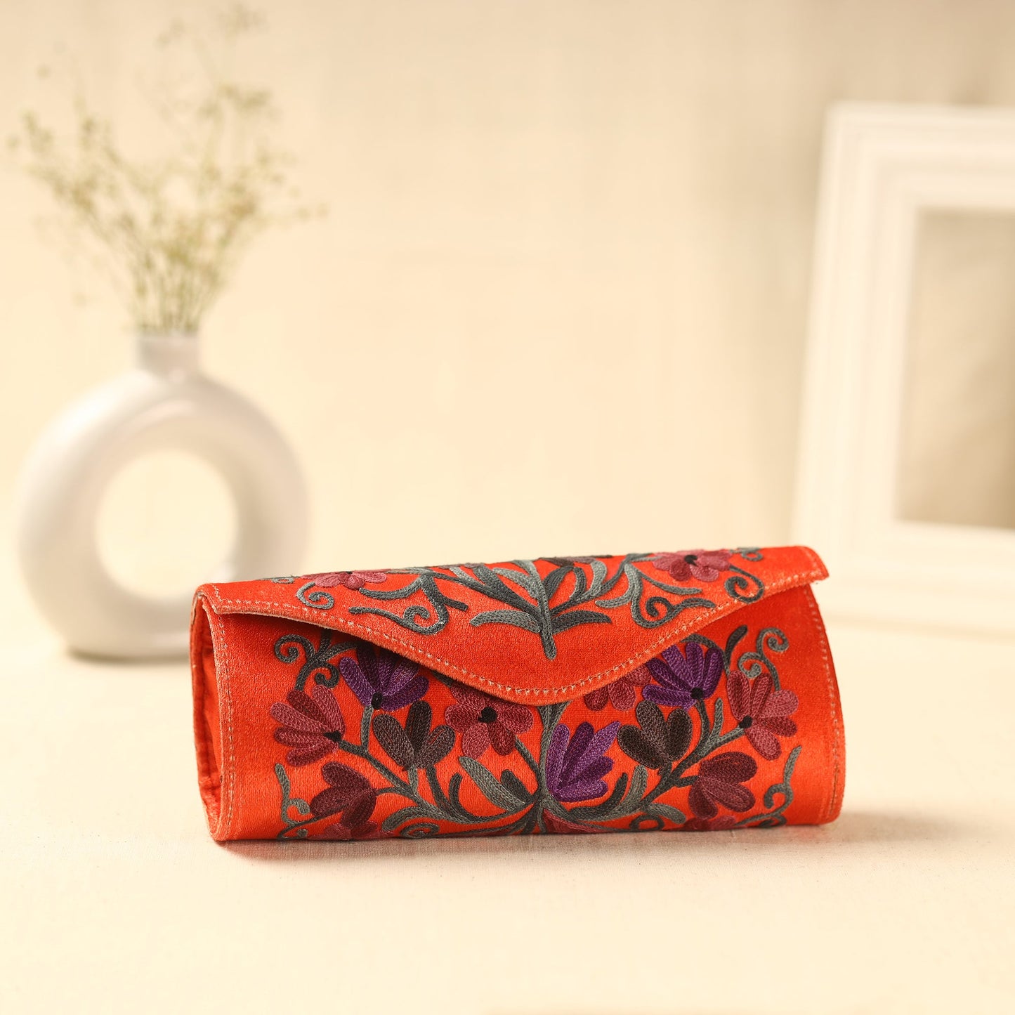  Orange Kashmiri Crewel Hand Embroidery Velvet Clutch