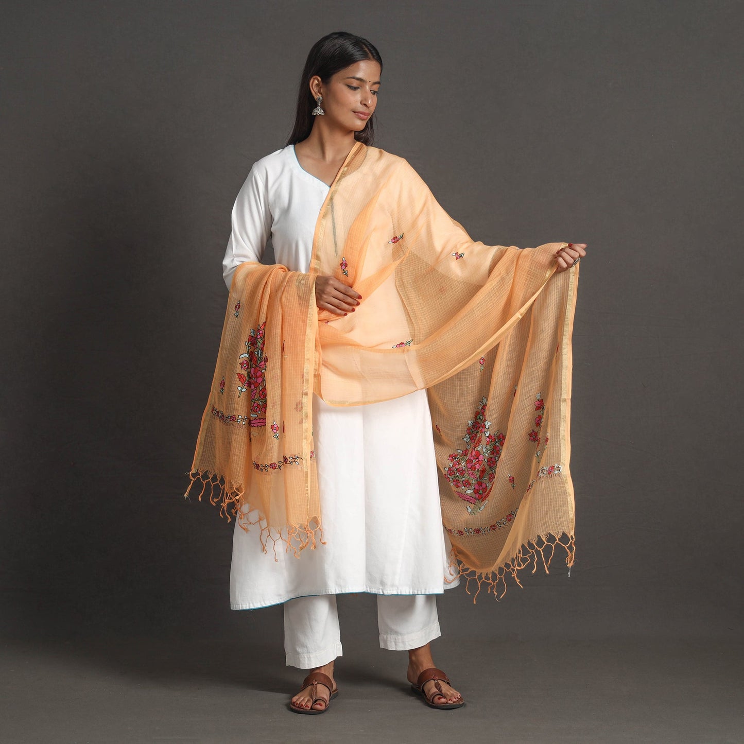 Orange - kota doria silk cotton kashida embroidery dupatta