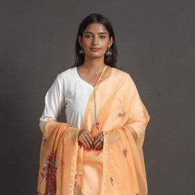 Orange - kota doria silk cotton kashida embroidery dupatta