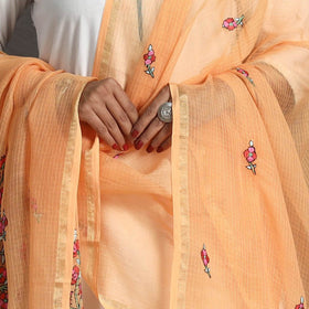 Orange - kota doria silk cotton kashida embroidery dupatta