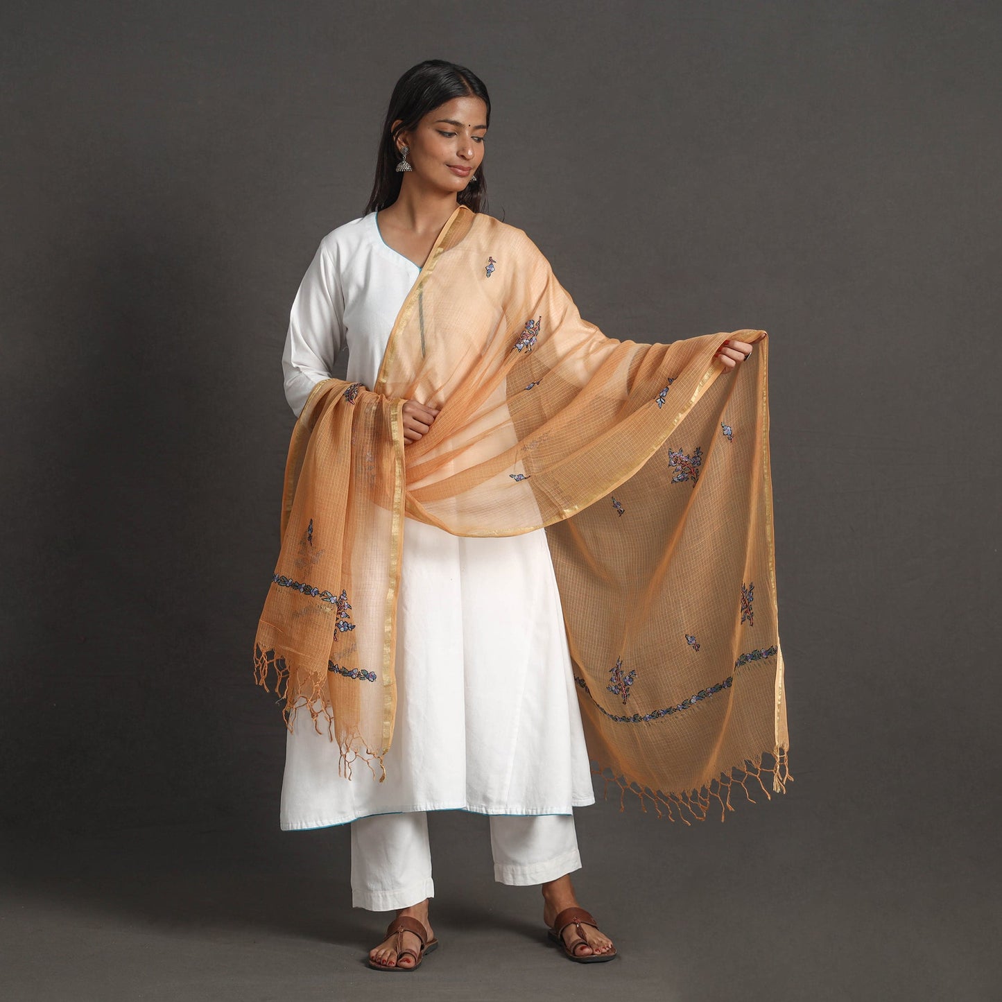 Orange - kota doria silk cotton kashida embroidery dupatta