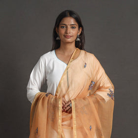 Orange - kota doria silk cotton kashida embroidery dupatta