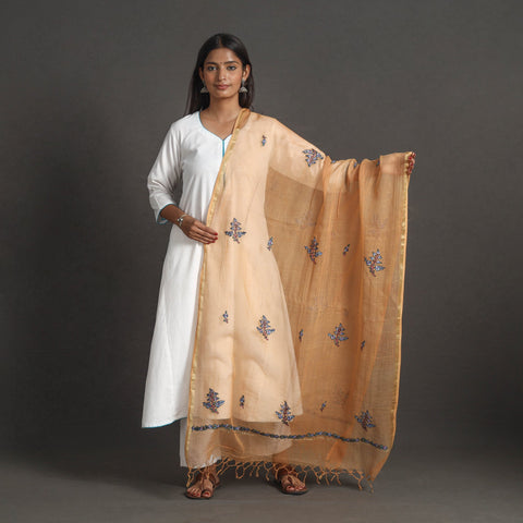 Orange - kota doria silk cotton kashida embroidery dupatta