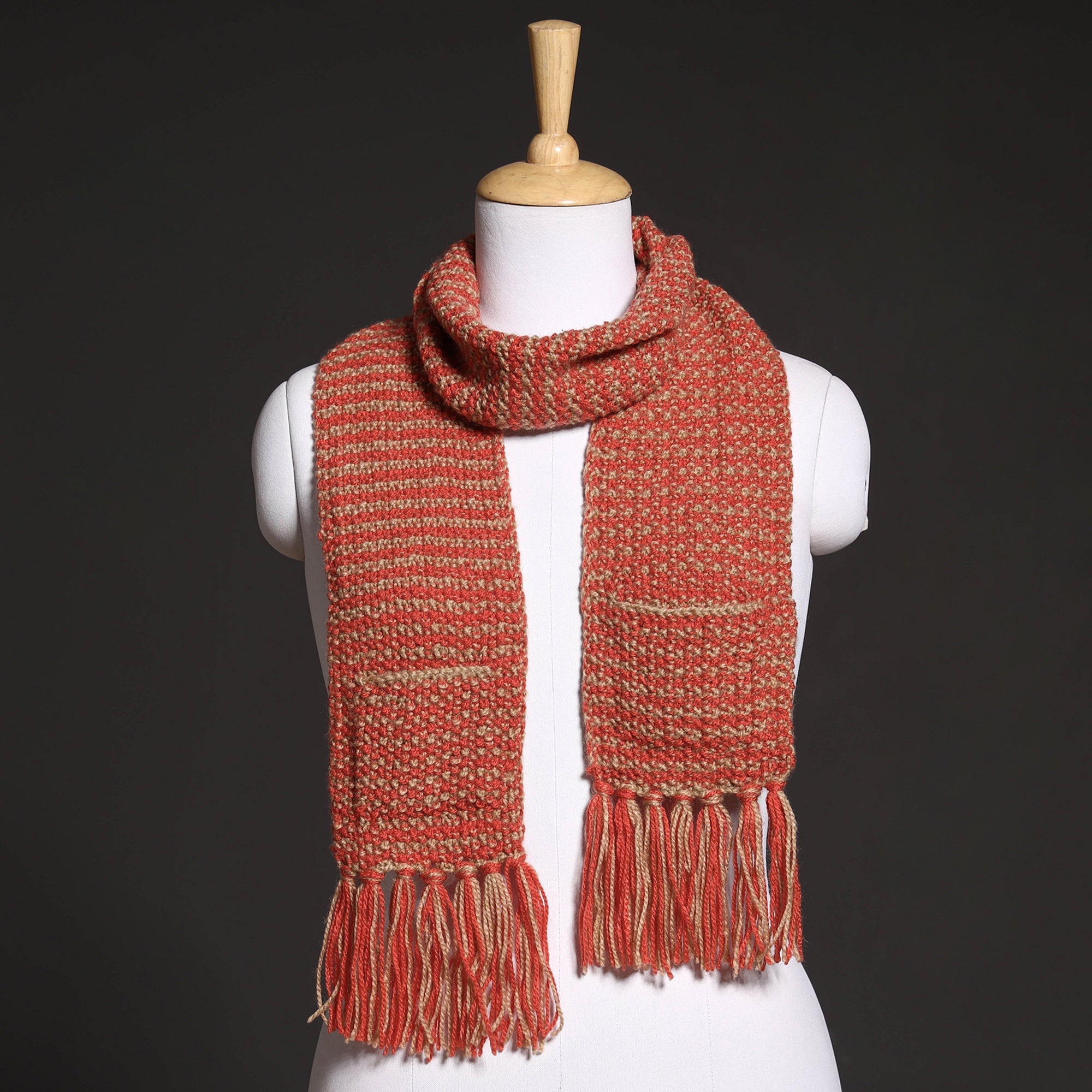 Orange Kumaun Hand Knitted Acrylic Woolen Muffler with Pockets