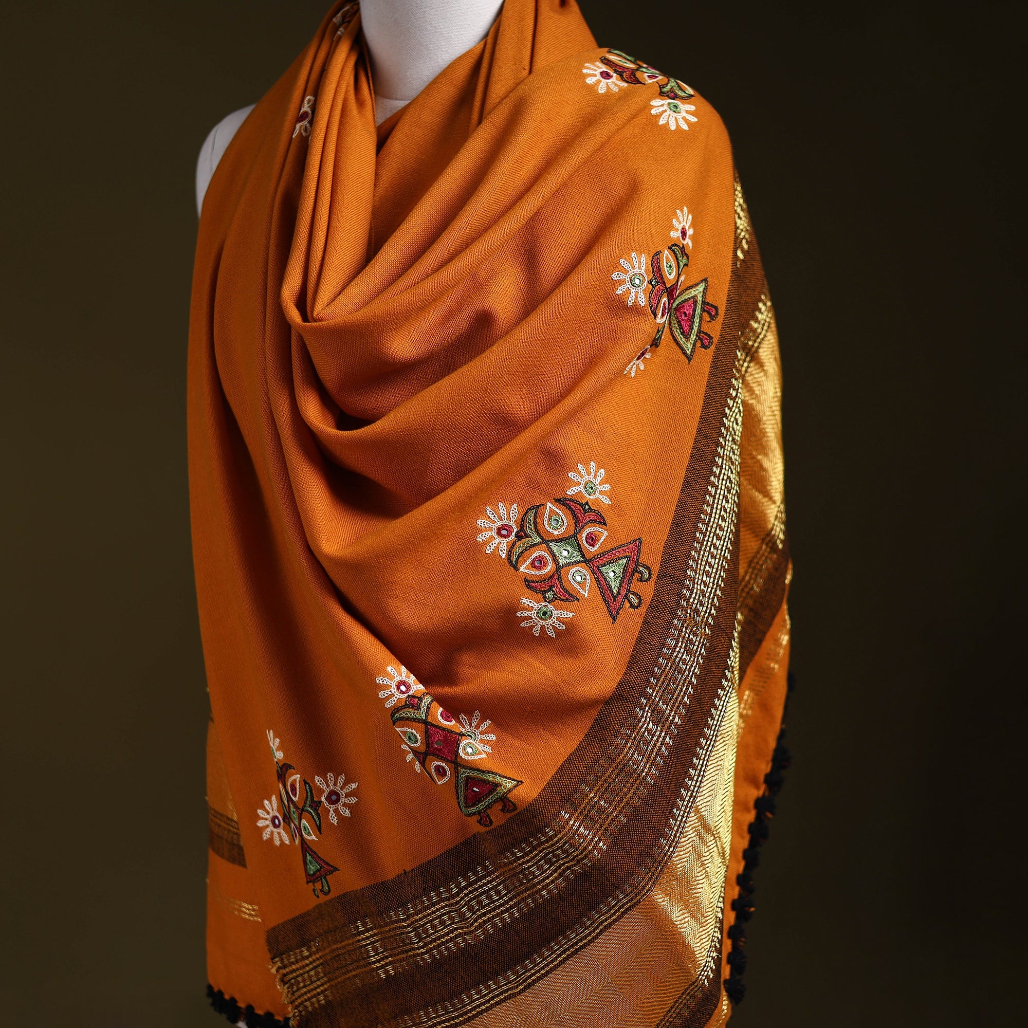 Orange - kutch ahir hand embroidery mirror work woollen