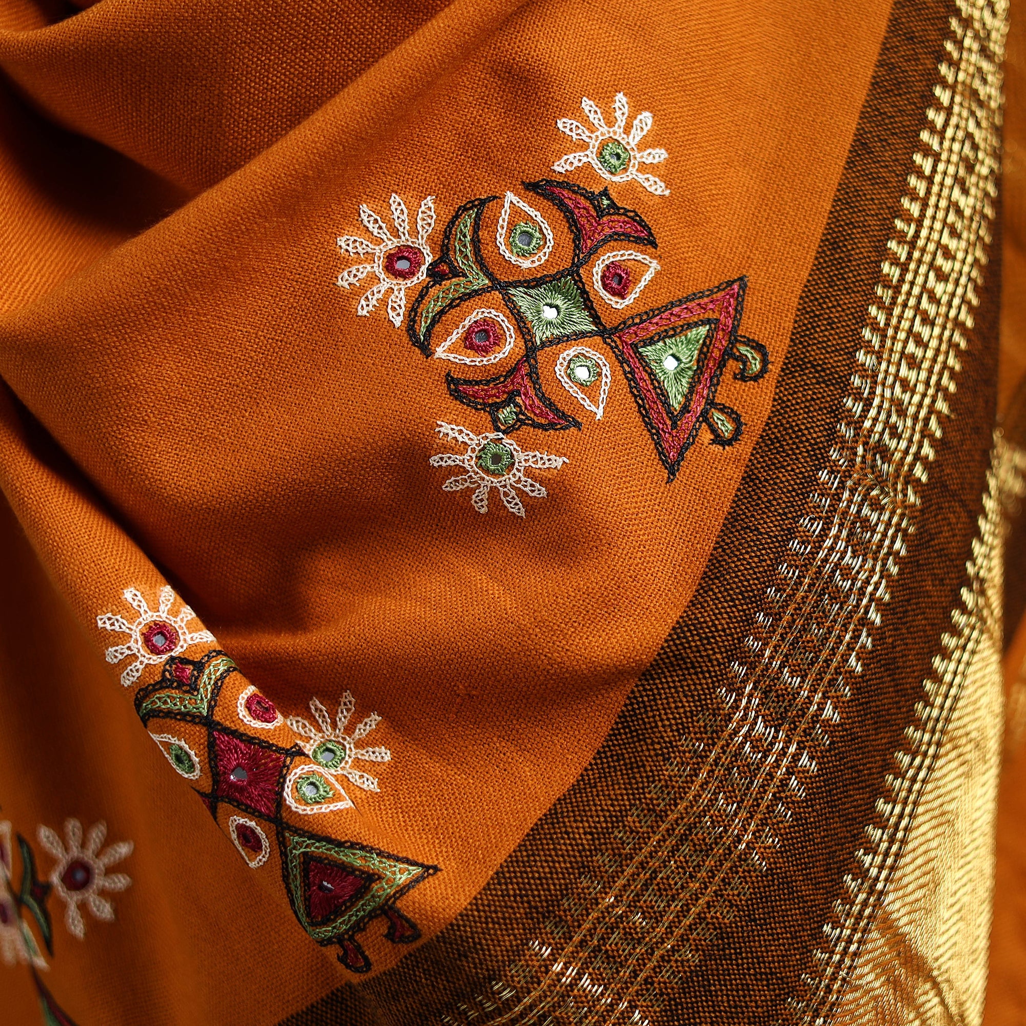 Orange - kutch ahir hand embroidery mirror work woollen