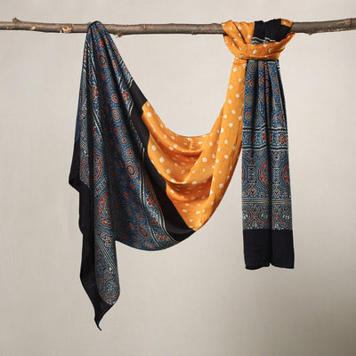  Kutch Bandhani Tie-Dye Ajrakh Block Printed Modal Silk Stole Online at iTokri.com