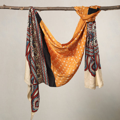 Orange - Kutch Bandhani Tie-Dye Printed Modal Silk Stole - stoles