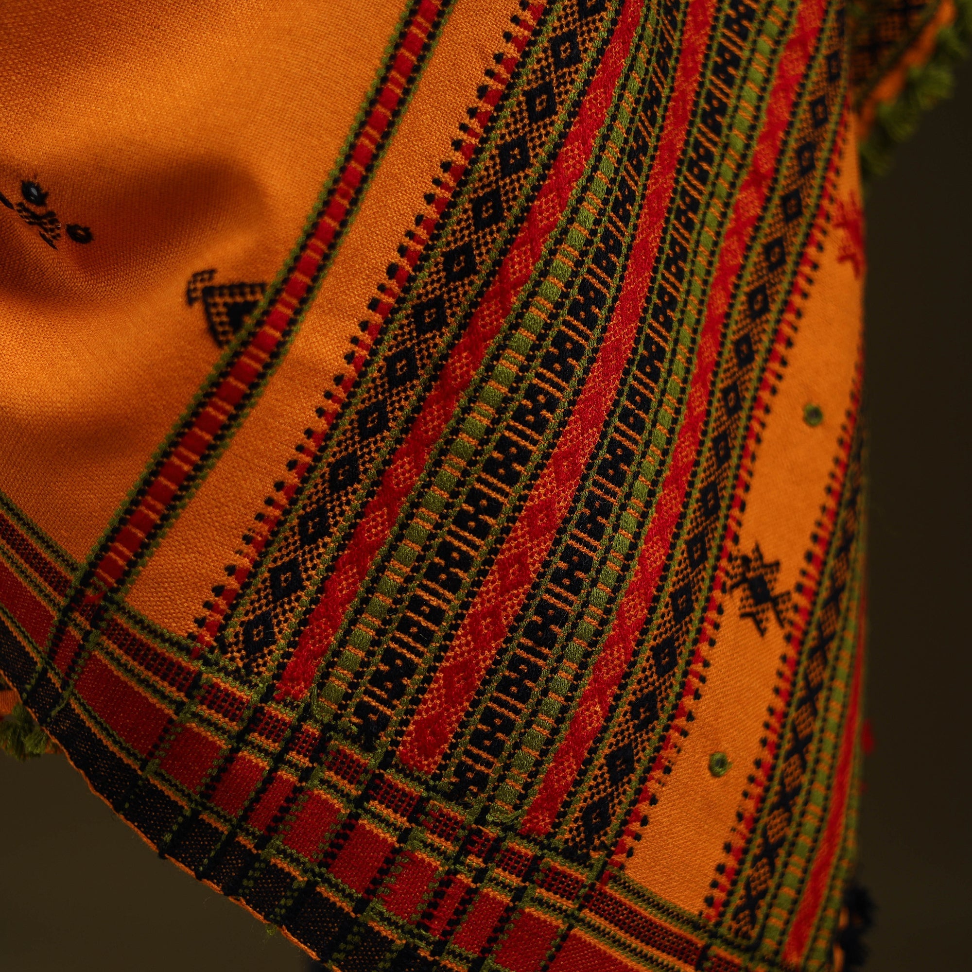 Orange - kutch bhujodi handwoven mirror work woollen shawl
