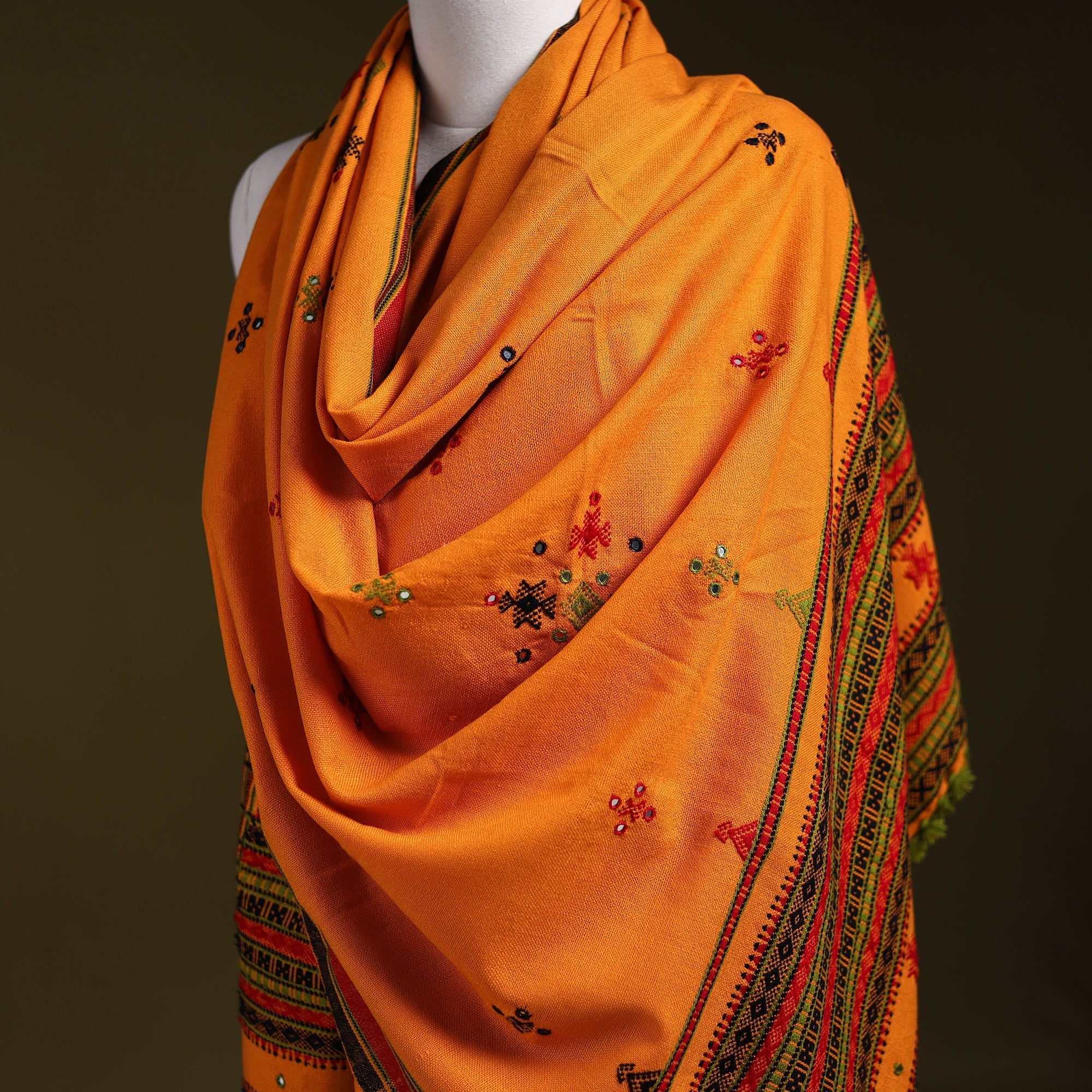 Orange - kutch bhujodi handwoven mirror work woollen shawl