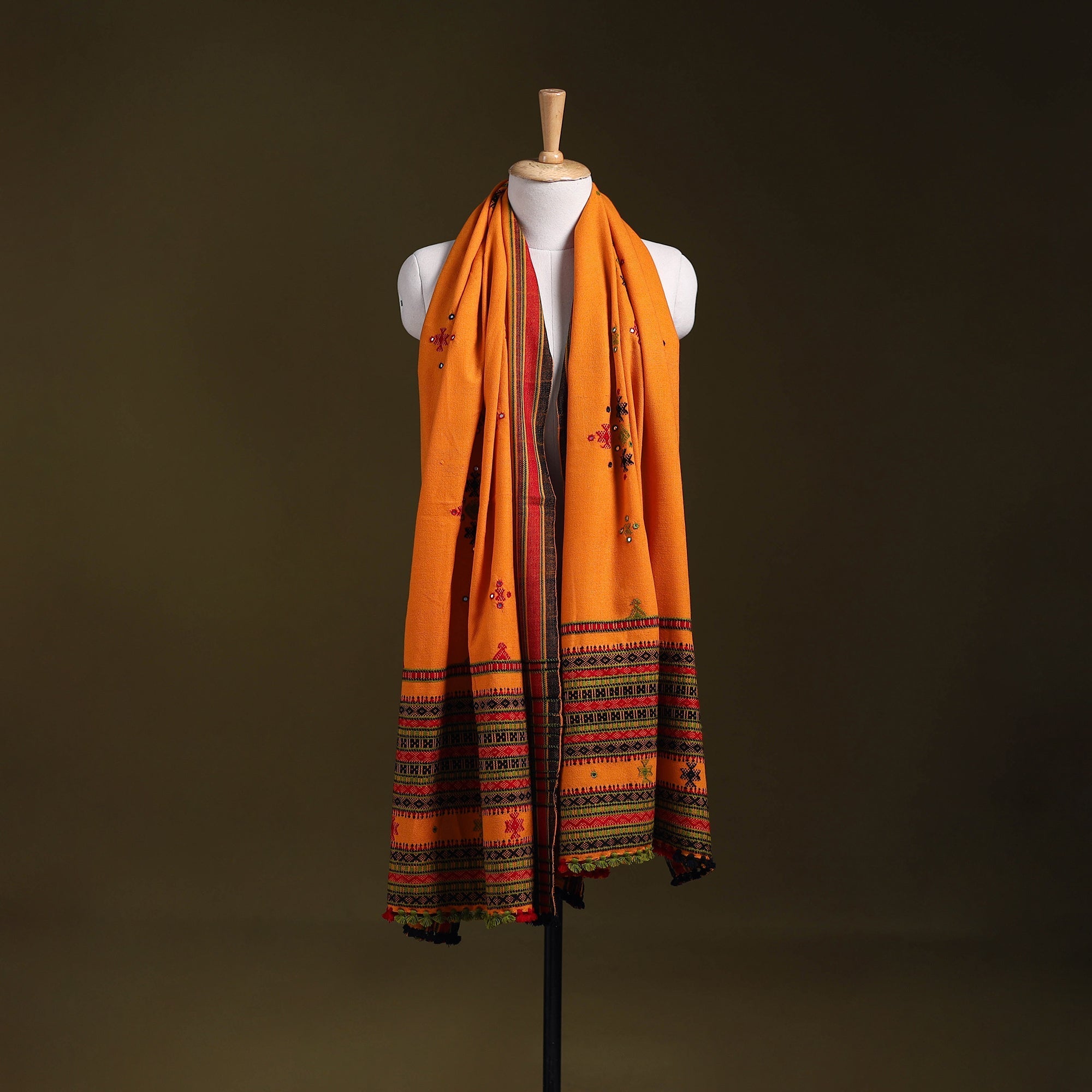 Orange - kutch bhujodi handwoven mirror work woollen shawl
