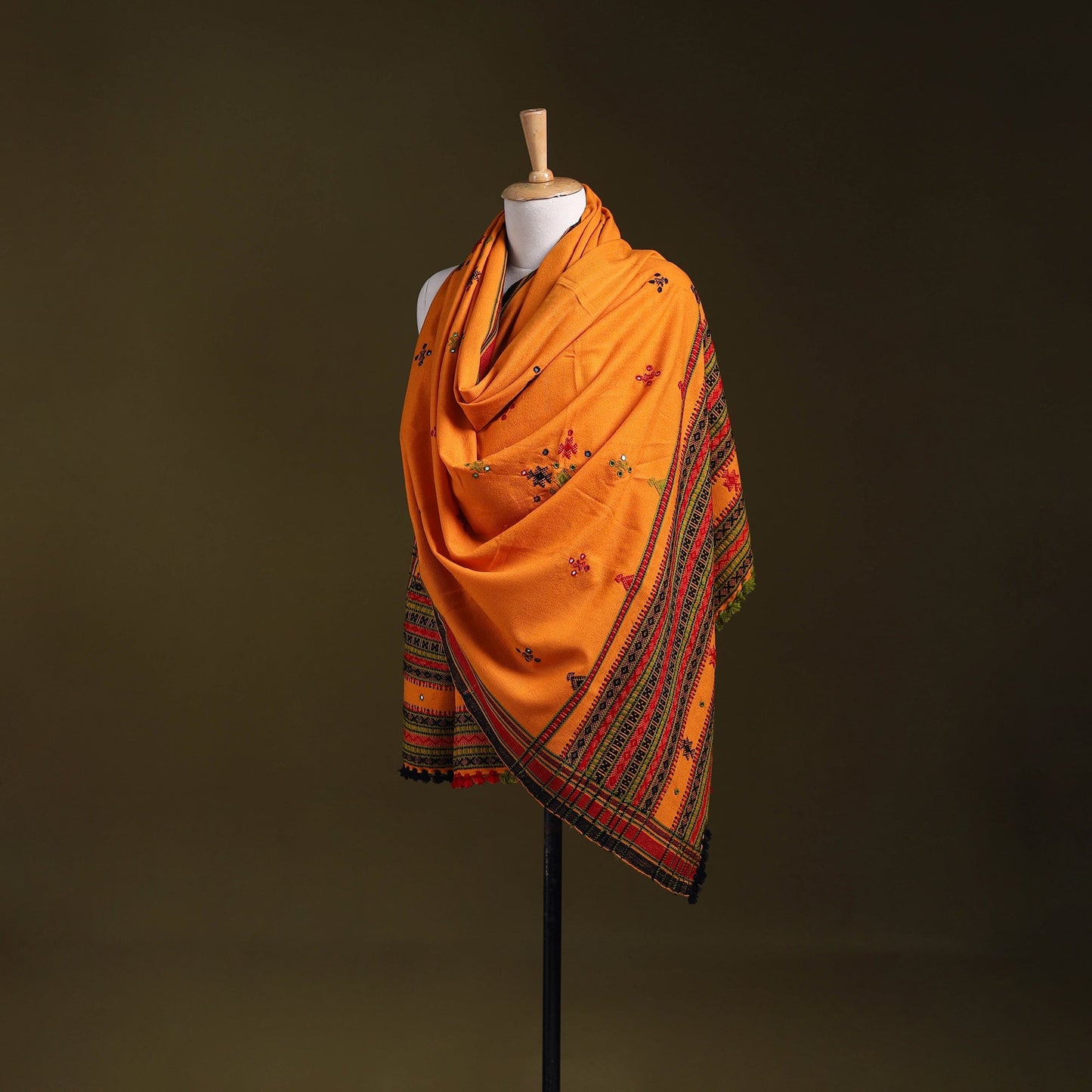 Orange - kutch bhujodi handwoven mirror work woollen shawl