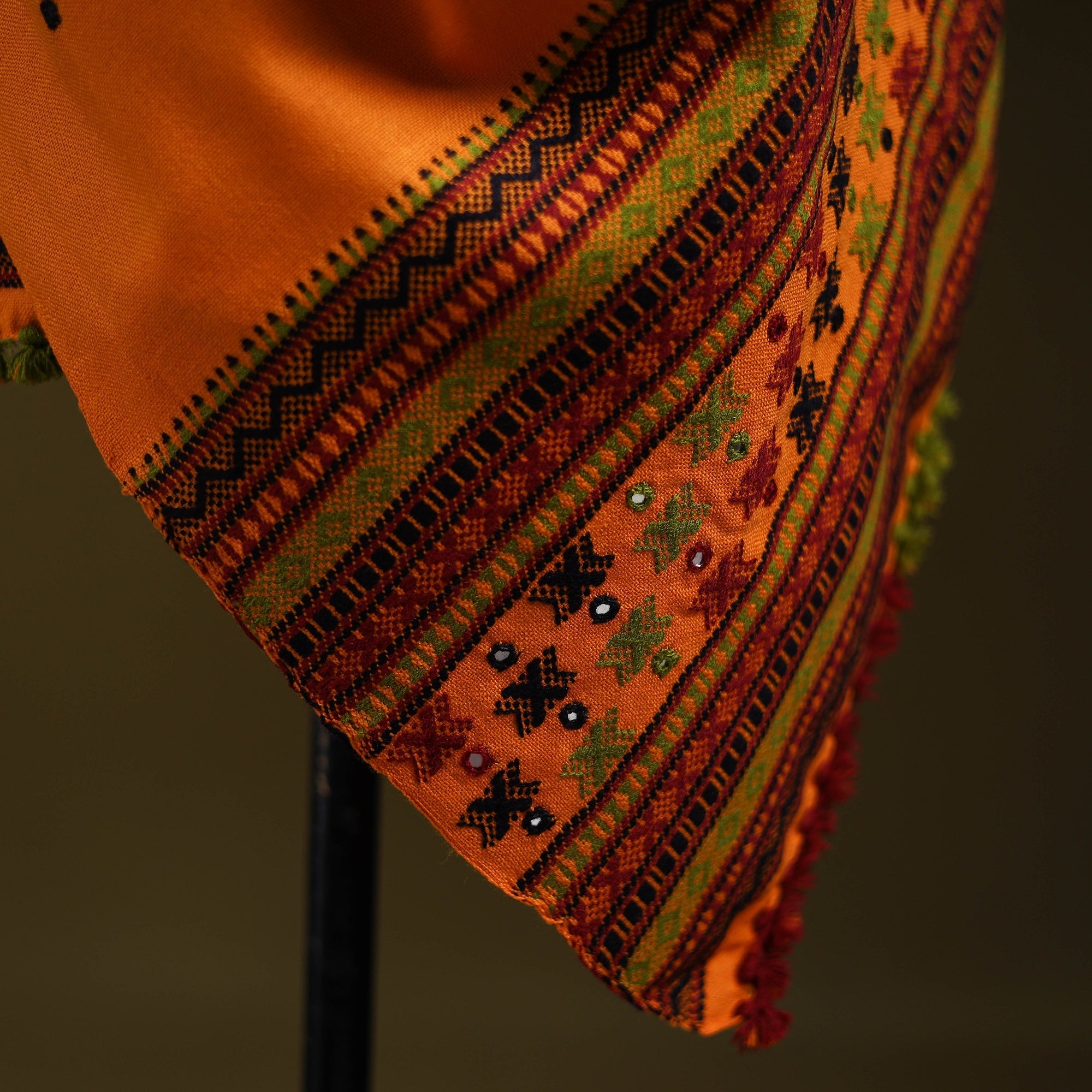 Orange - kutch bhujodi handwoven mirror work woollen shawl