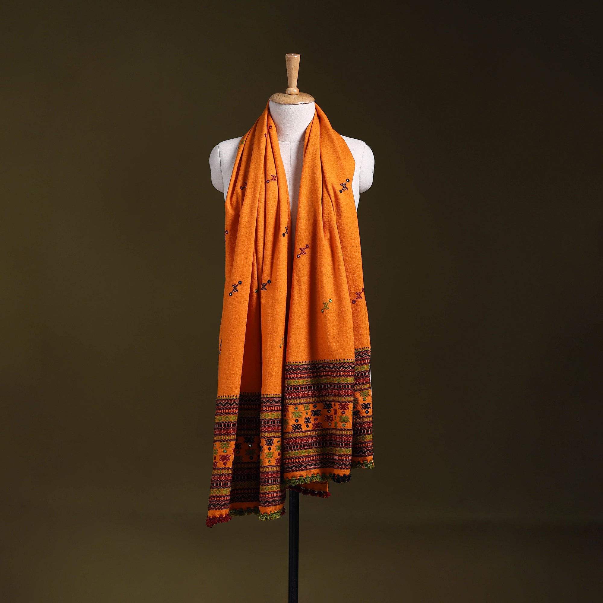 Orange - kutch bhujodi handwoven mirror work woollen shawl