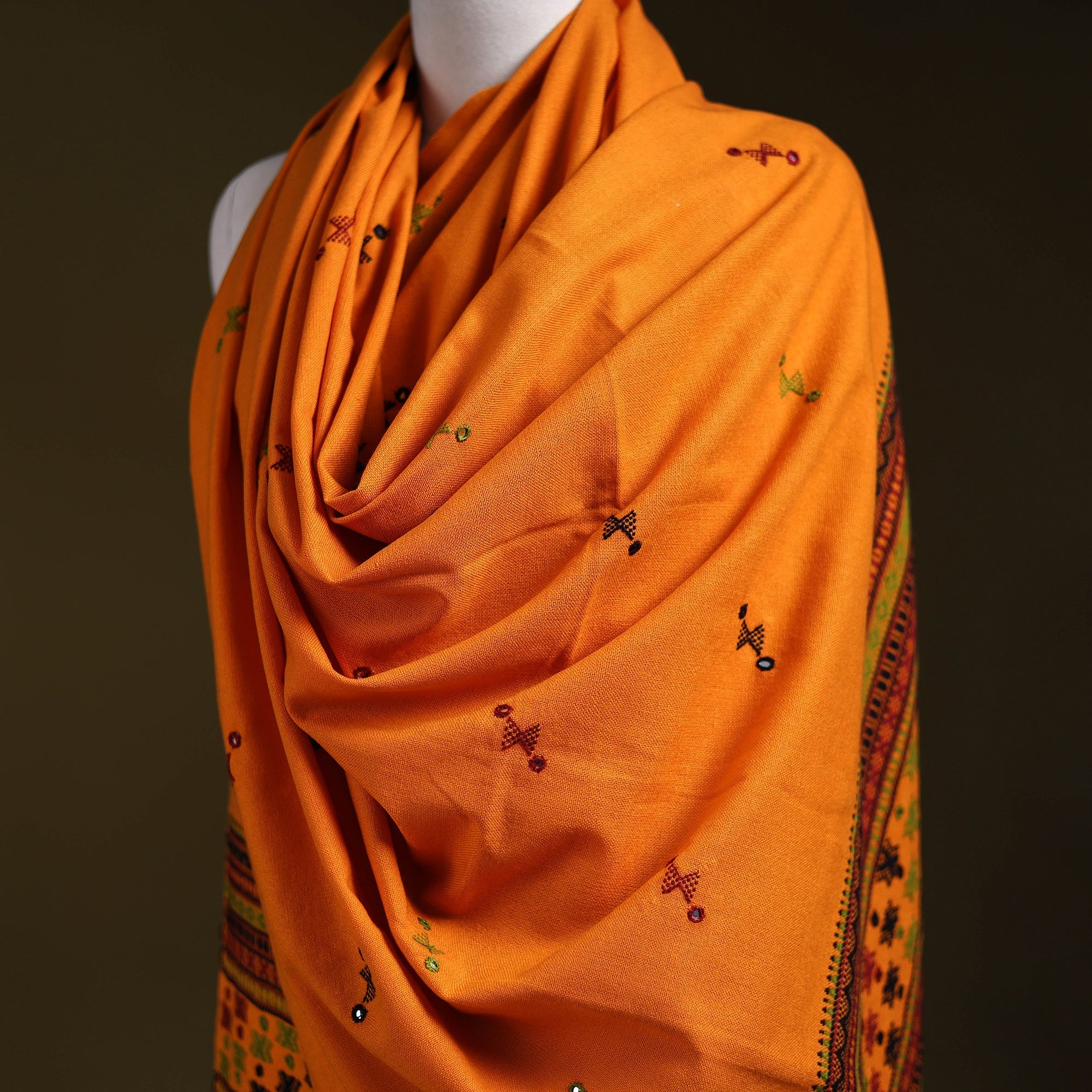 Orange - kutch bhujodi handwoven mirror work woollen shawl