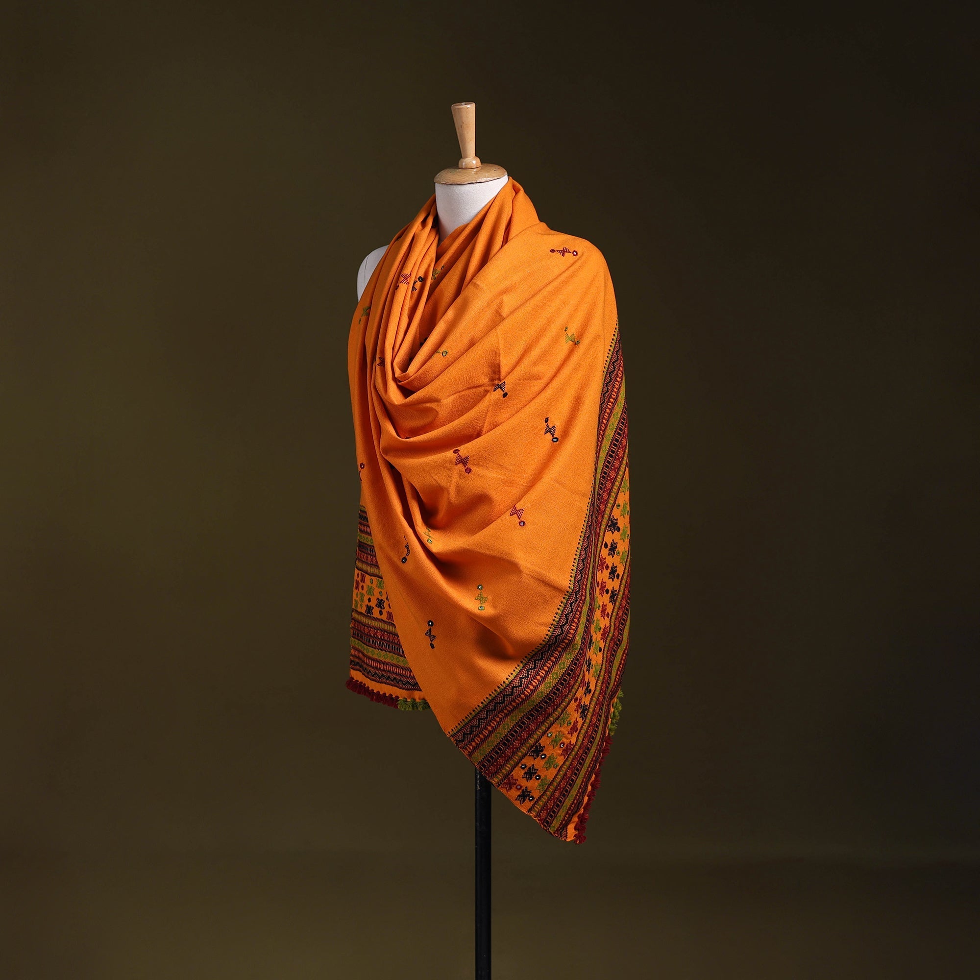 Orange - kutch bhujodi handwoven mirror work woollen shawl