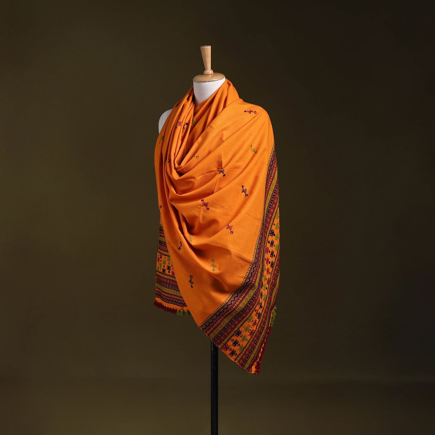 Orange - kutch bhujodi handwoven mirror work woollen shawl
