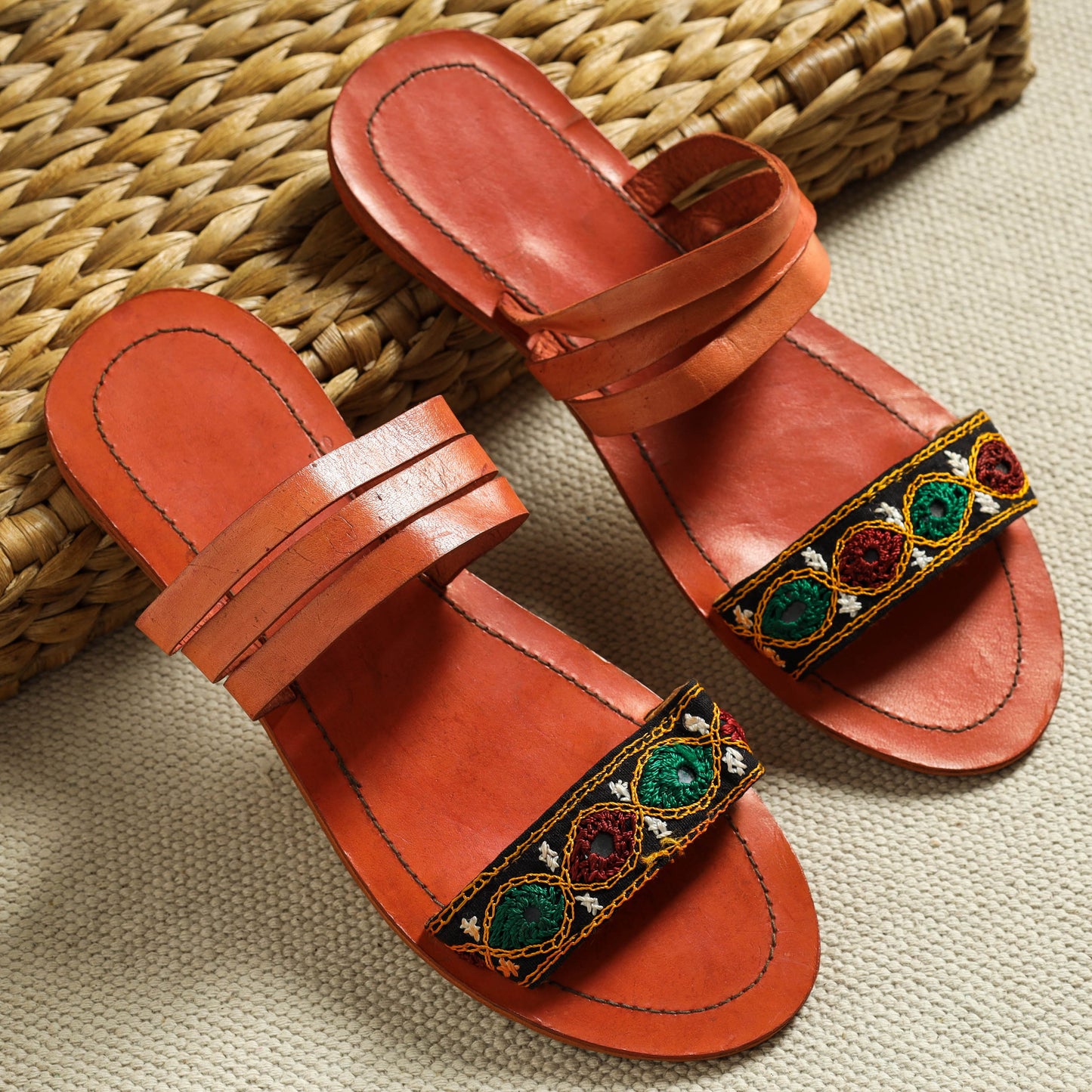 Orange Kutch Embroidery Handstitched Leather Flat Slippers